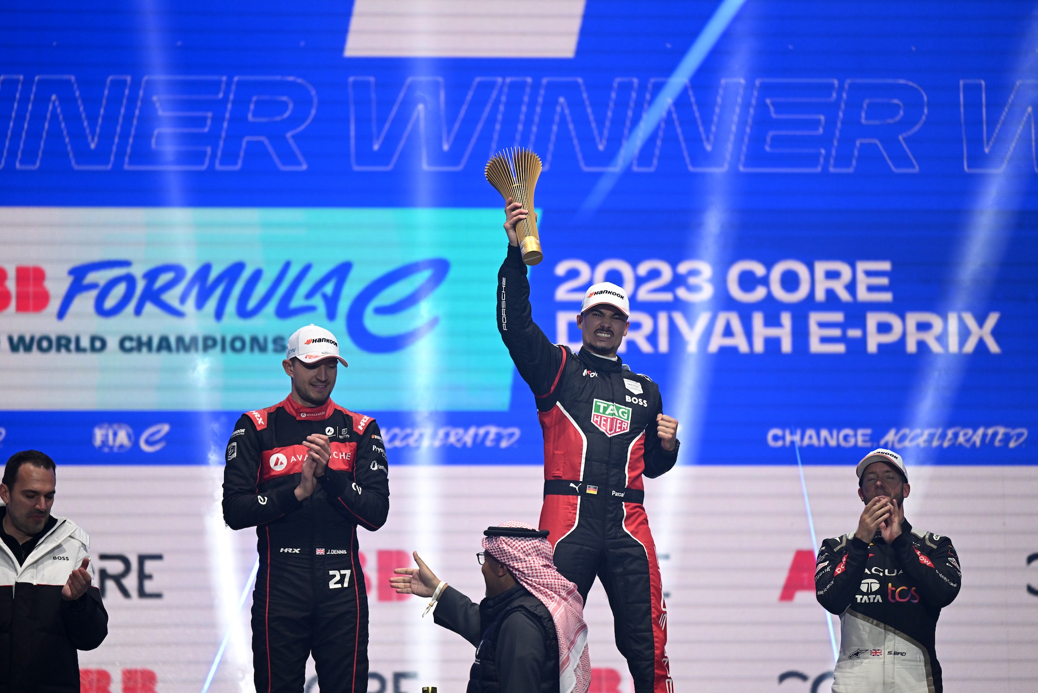 Pascal Wehrlein celebrates his victory in Diriyah on Friday night