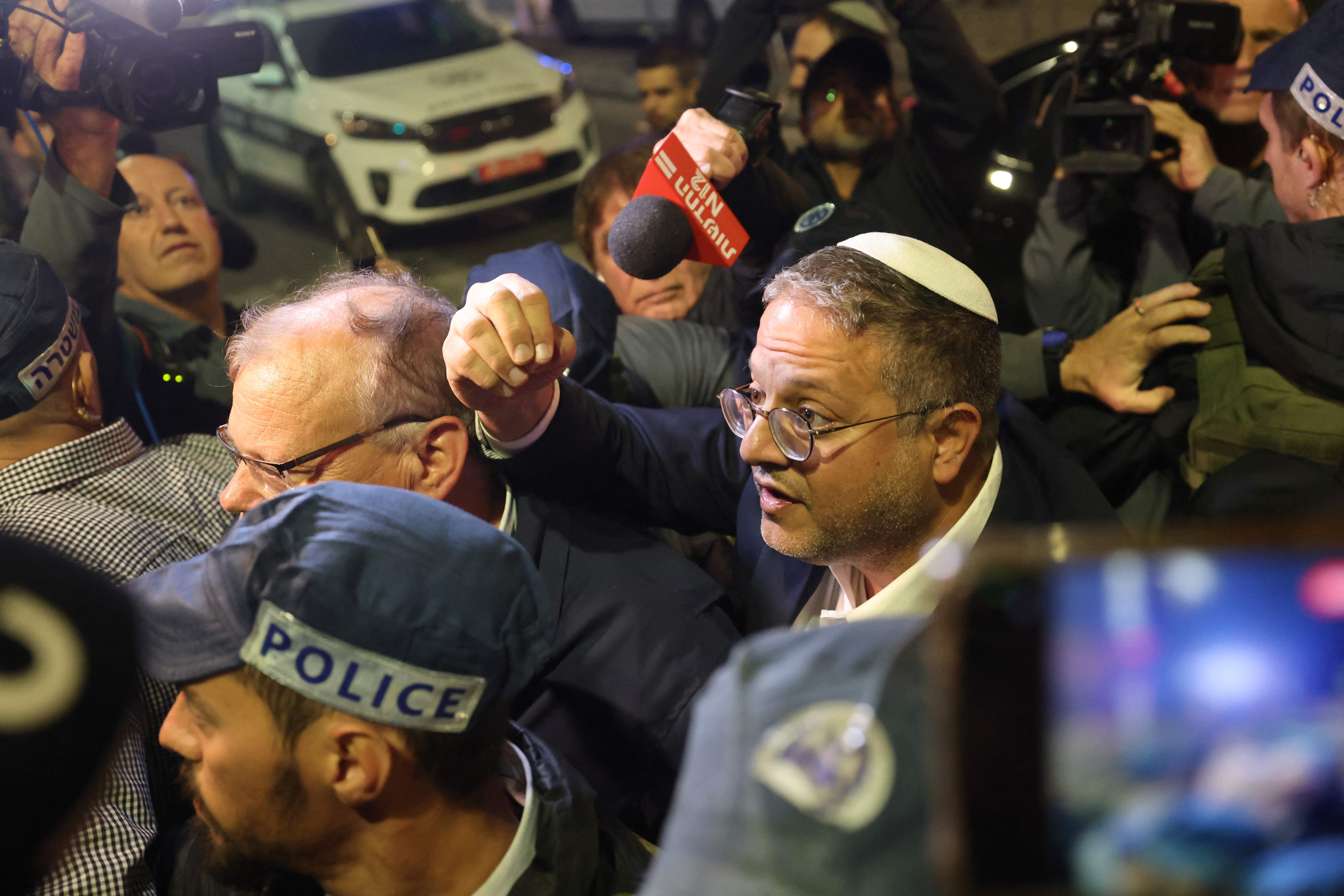 Itamar Ben-Gvir at the site of a reported attack in a settler neighbourhood of East Jerusalem in January