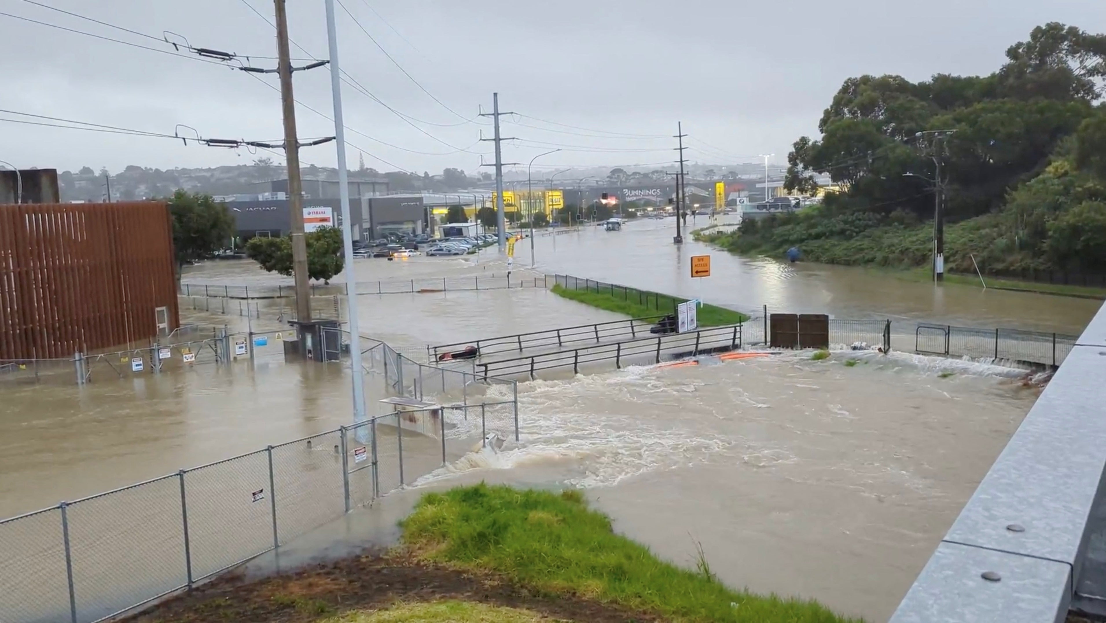 An area flooded during heavy rainfall is seen in Auckland on Friday