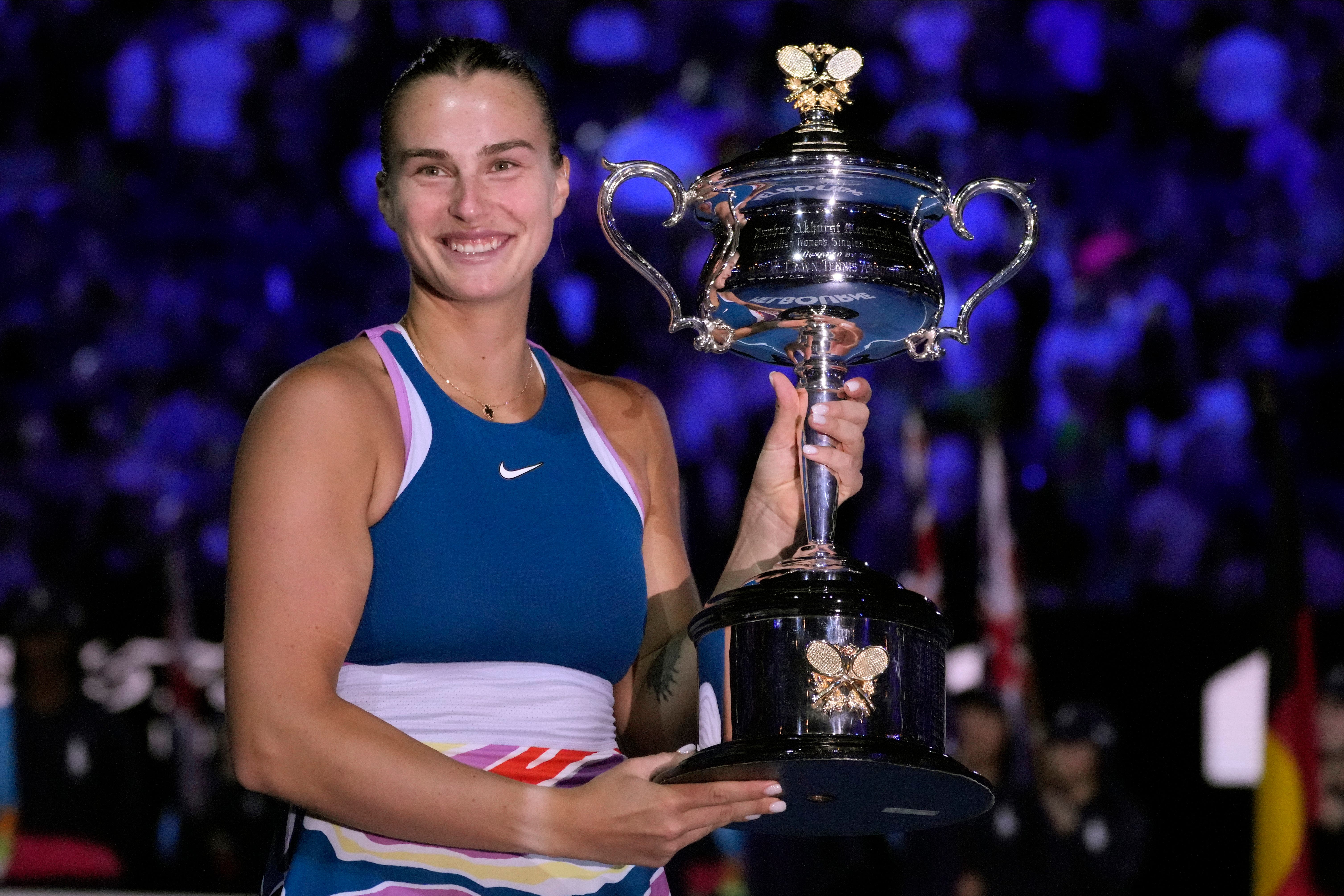 Aryna Sabalenka holds the Australian Open trophy (Aaron Favila/AP)