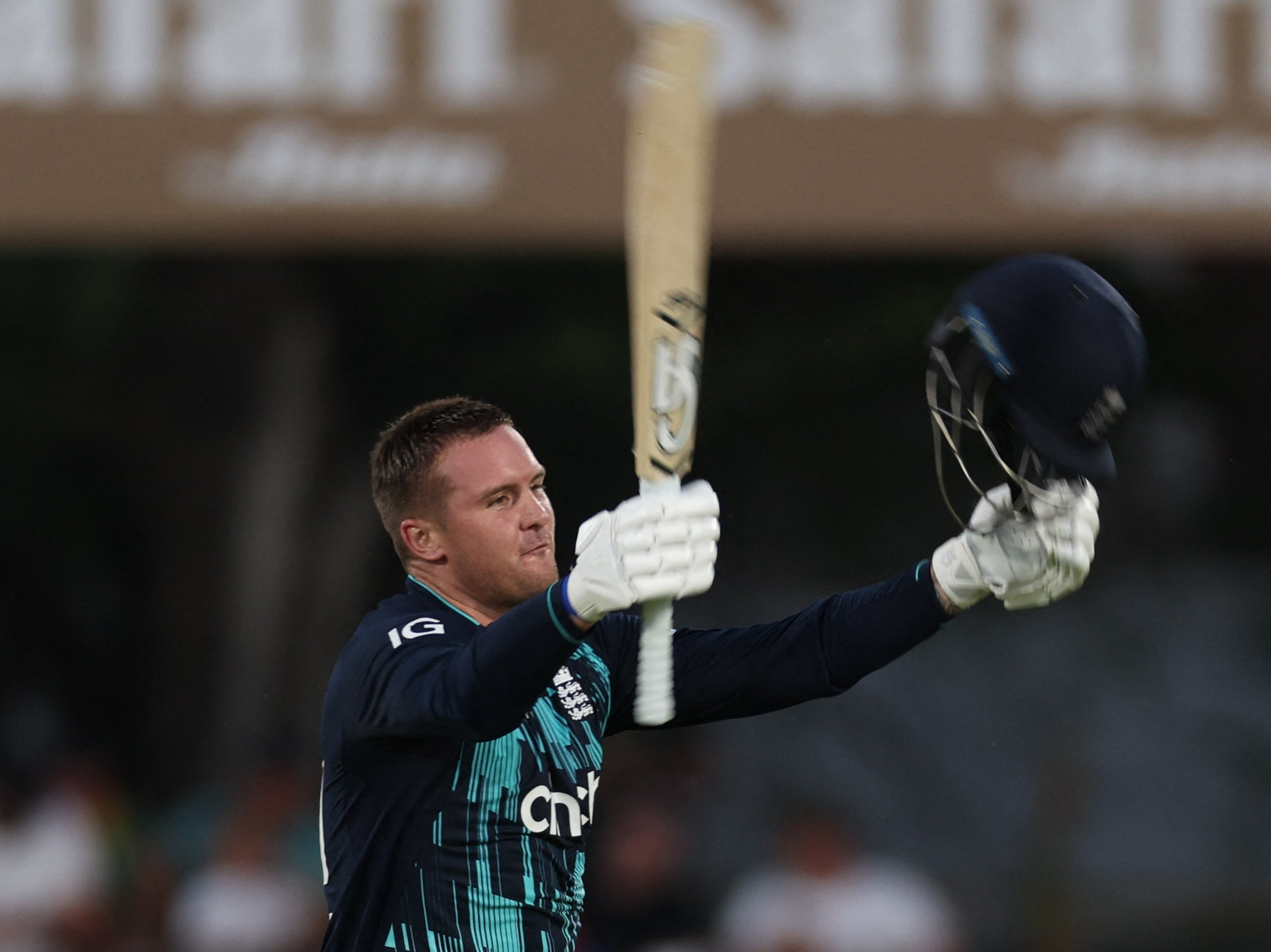 England’s Jason Roy celebrates reaching his century against South Africa