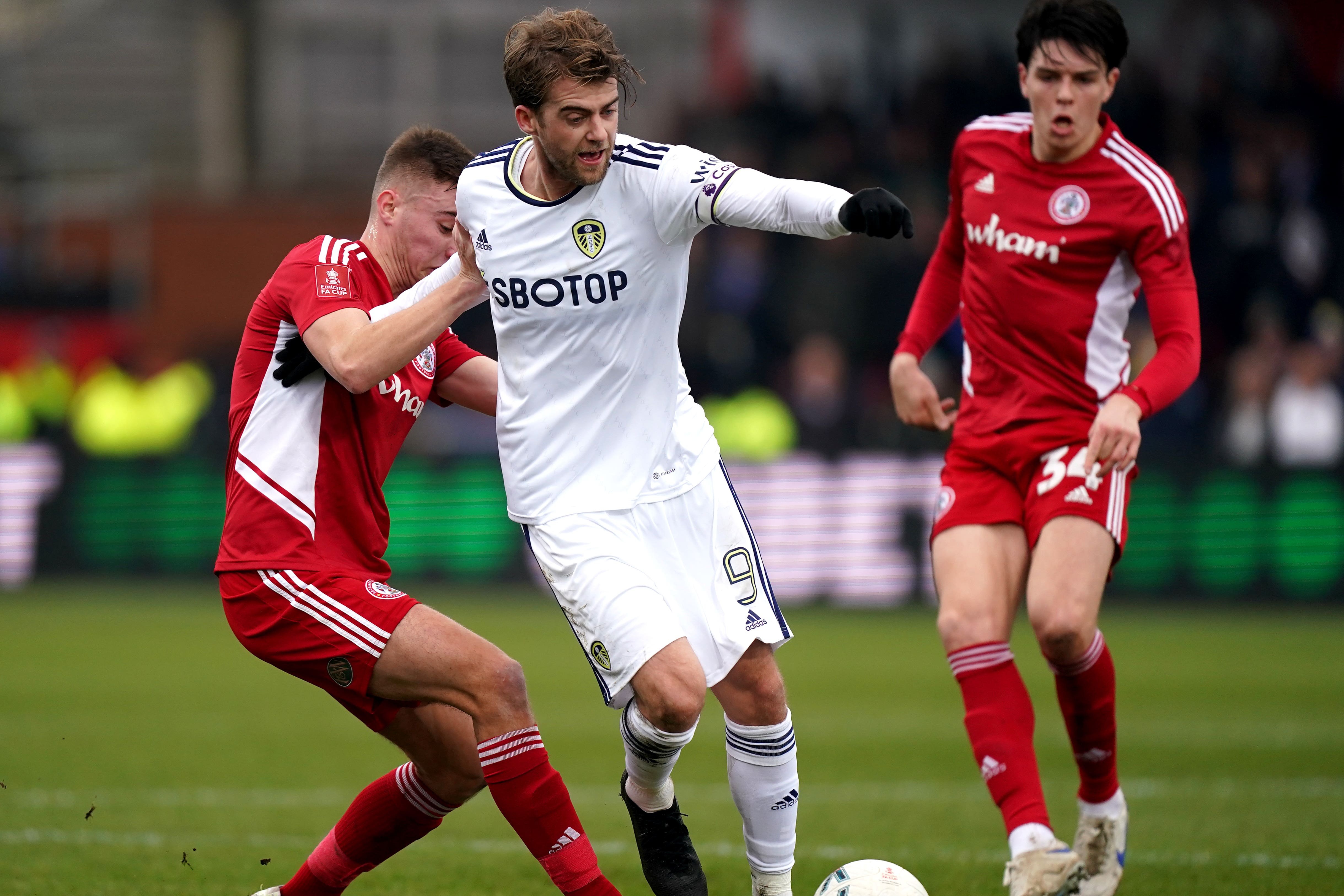 Patrick Bamford (centre) made his first start for Leeds since October at Accrington (Mike Egerton/PA)