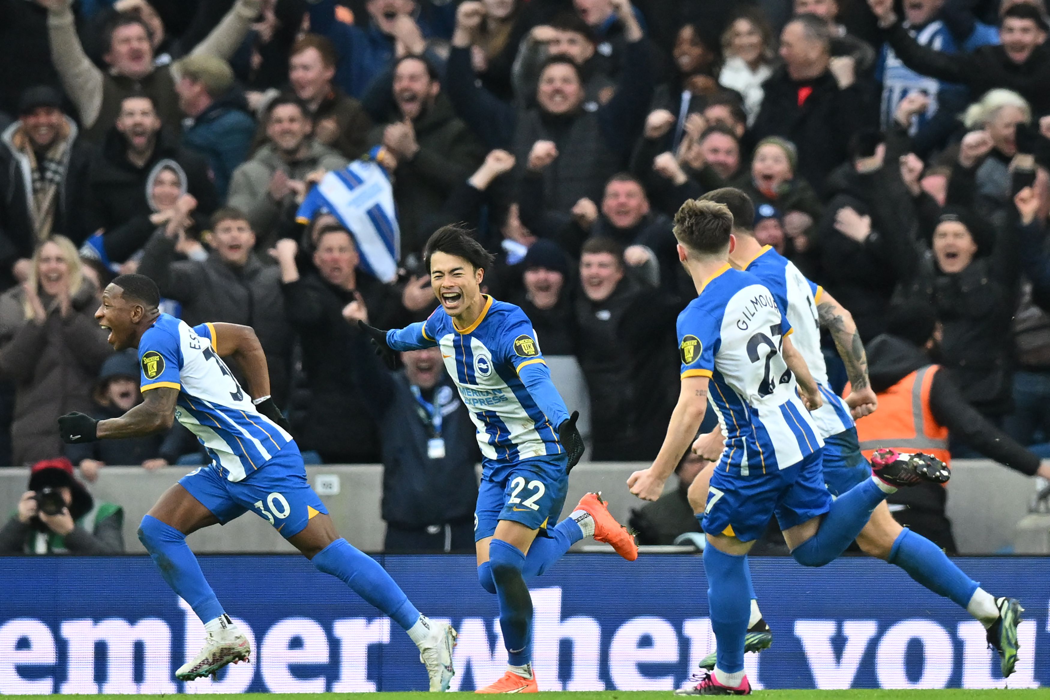 Kaoru Mitoma celebrates after scoring Brighton’s winner