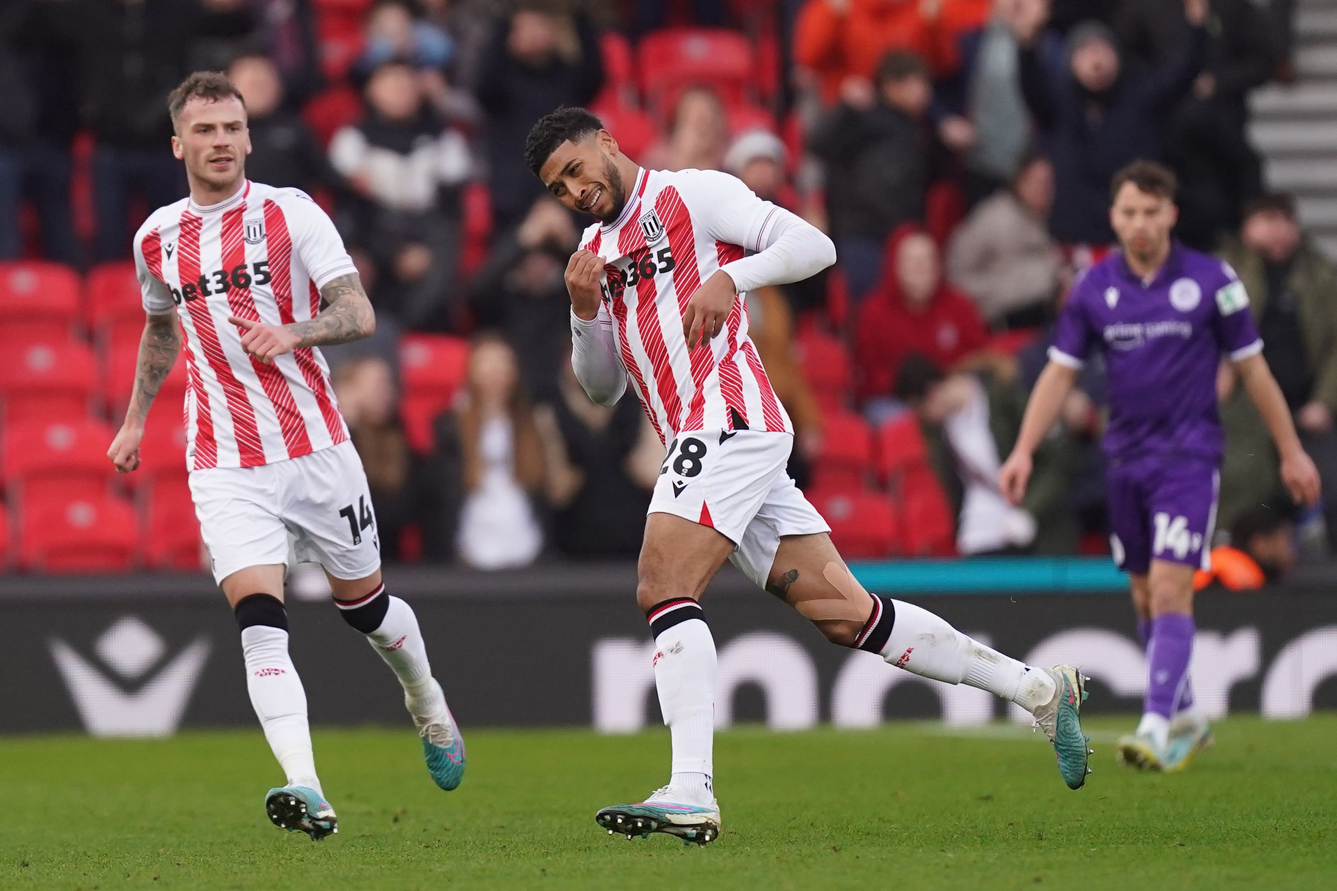 Josh Laurent celebrates scoring Stoke’s second goal (Mike Egerton/PA)