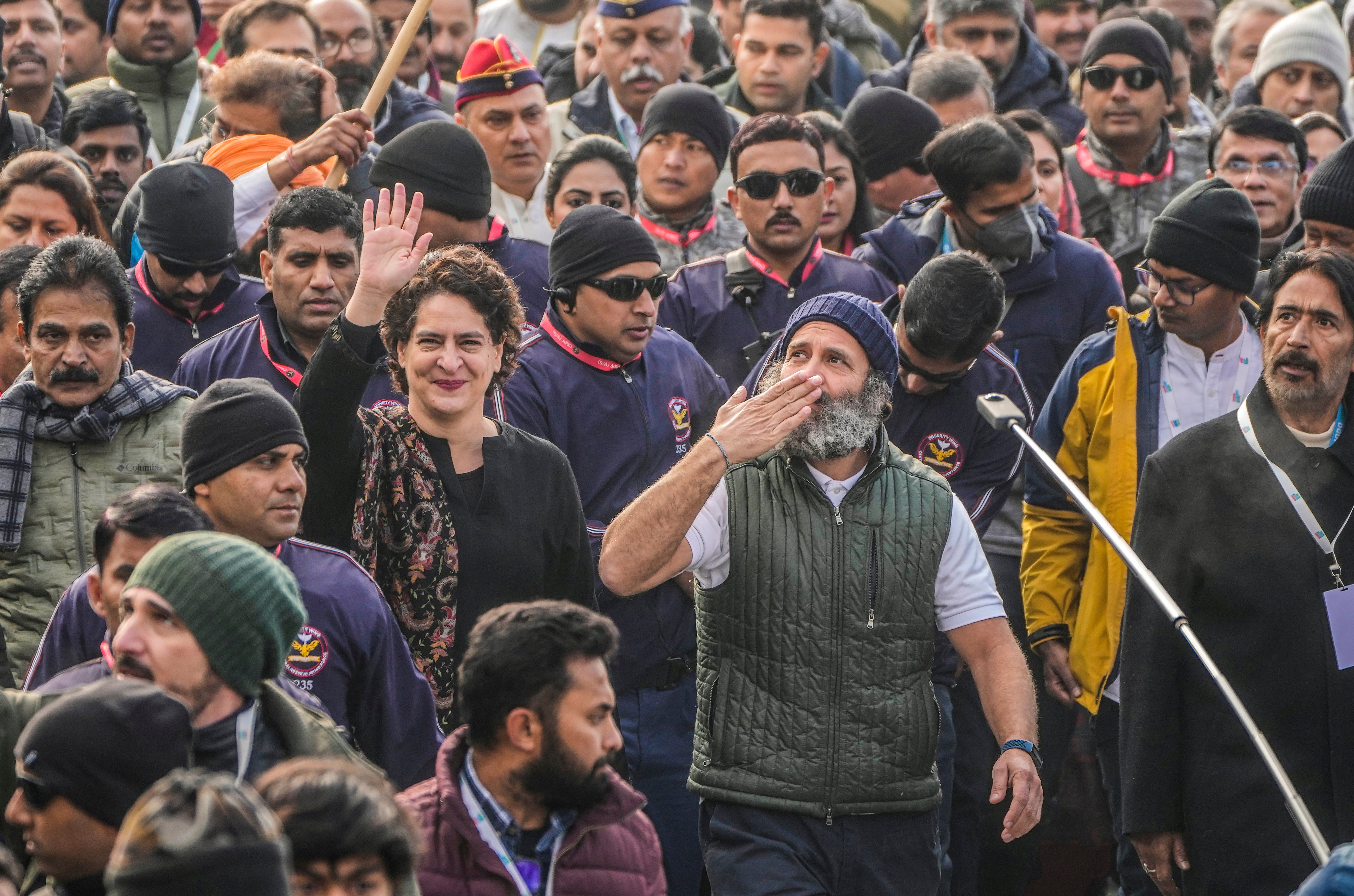 Rahul Gandhi and his sister Priyanka Gandhi Vadra arrive in Srinagar, Kashmir, at the end of the first leg of his walkathon.