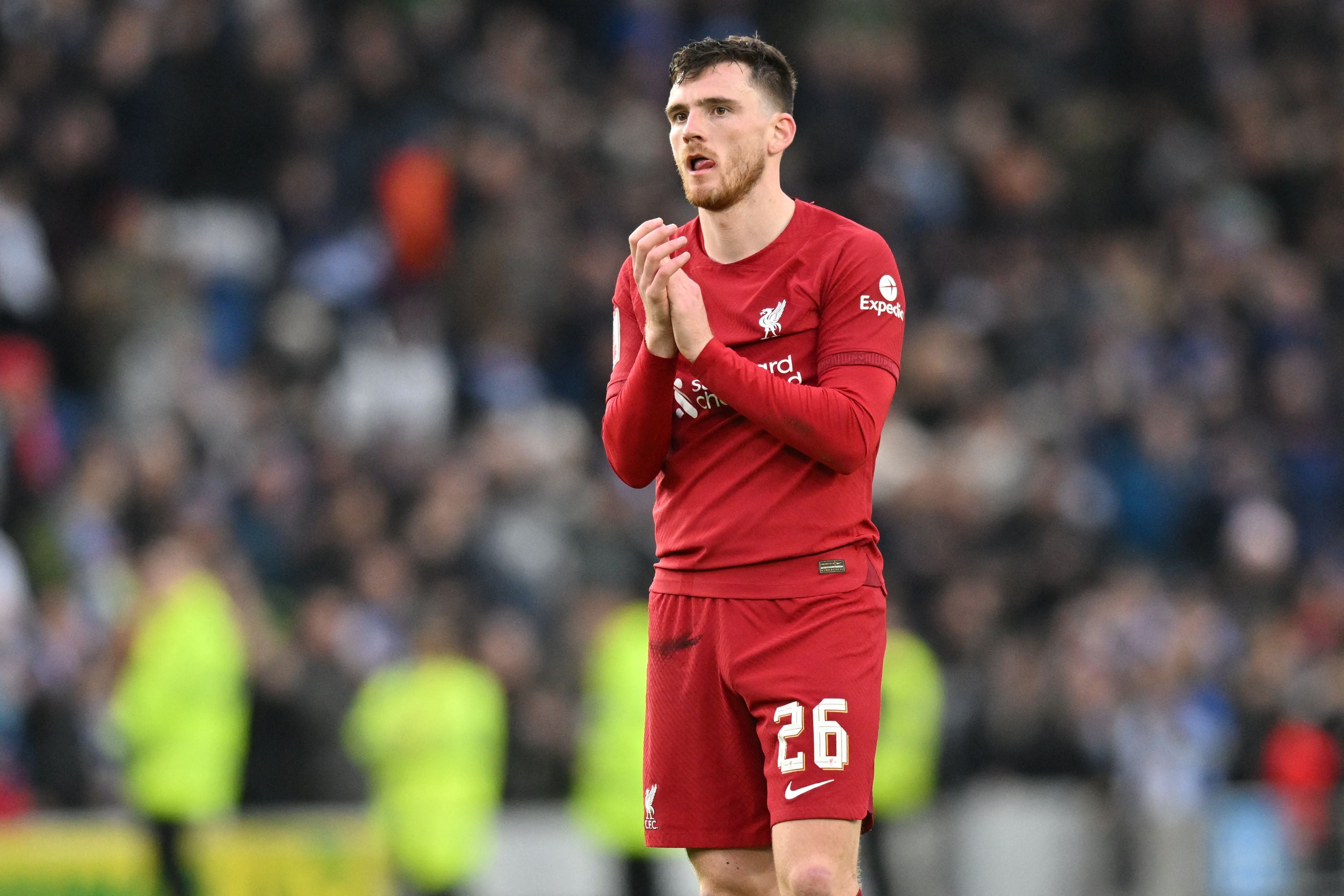 Andrew Robertson reacts to Liverpool’s defeat by Brighton