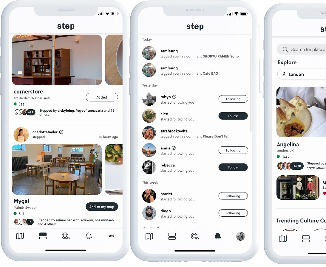 The Step interface is somewhere between Instagram and Google Maps, with reviews from visitors