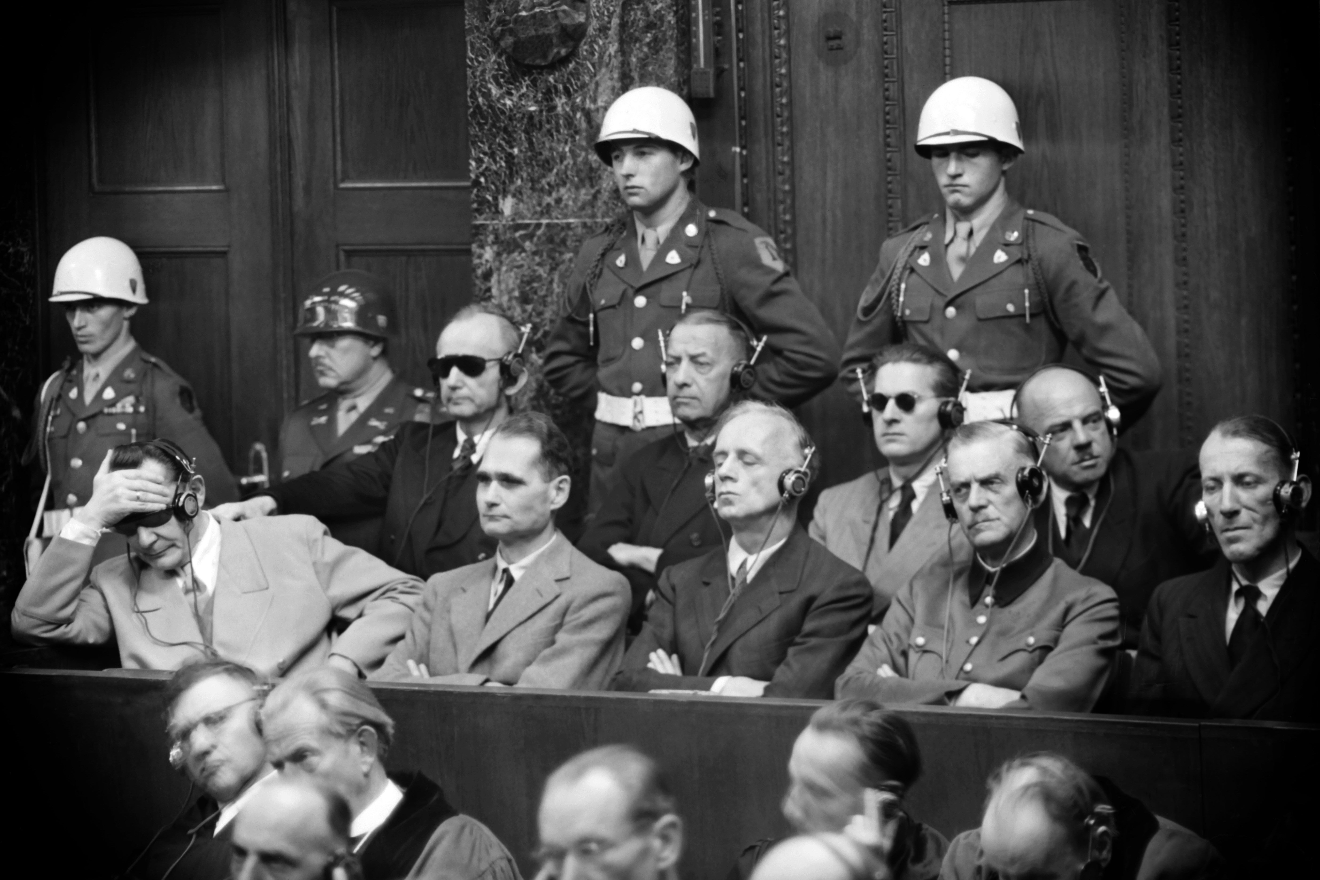 The Nuremberg trials: (from left, first row, in the dock) Hermann Goering, Rudolf Hess, Joachim von Ribbentrop, Wilhelm Keitel, Ernst Kaltenbrunner