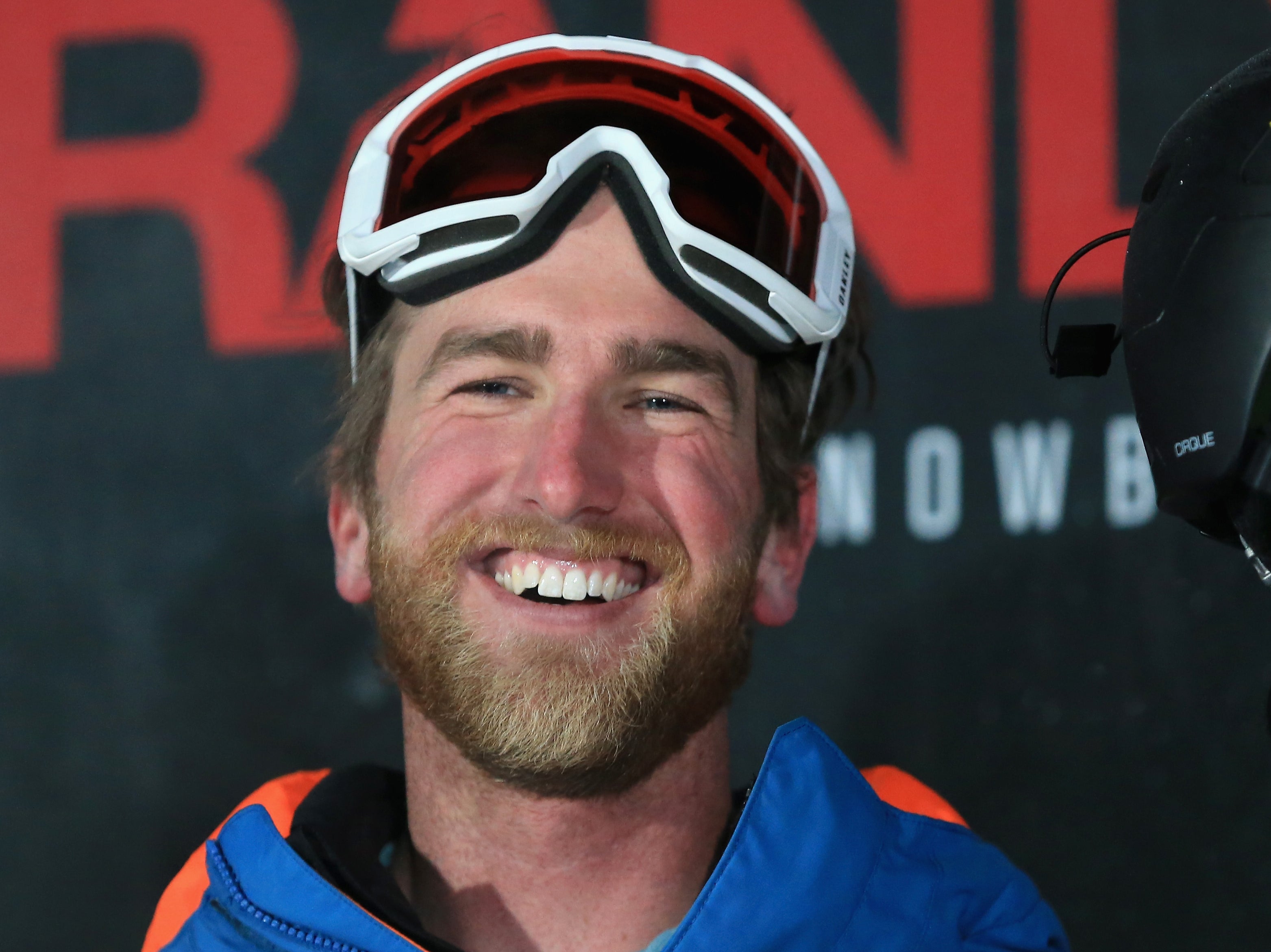 Kyle Smaine looks on from the podium after finishing in first place in the final round of the FIS Freeski World Cup 2018 Men's Ski Halfpipe during the Toyota U.S. Grand Prix on January 19, 2018 in Mammoth, California