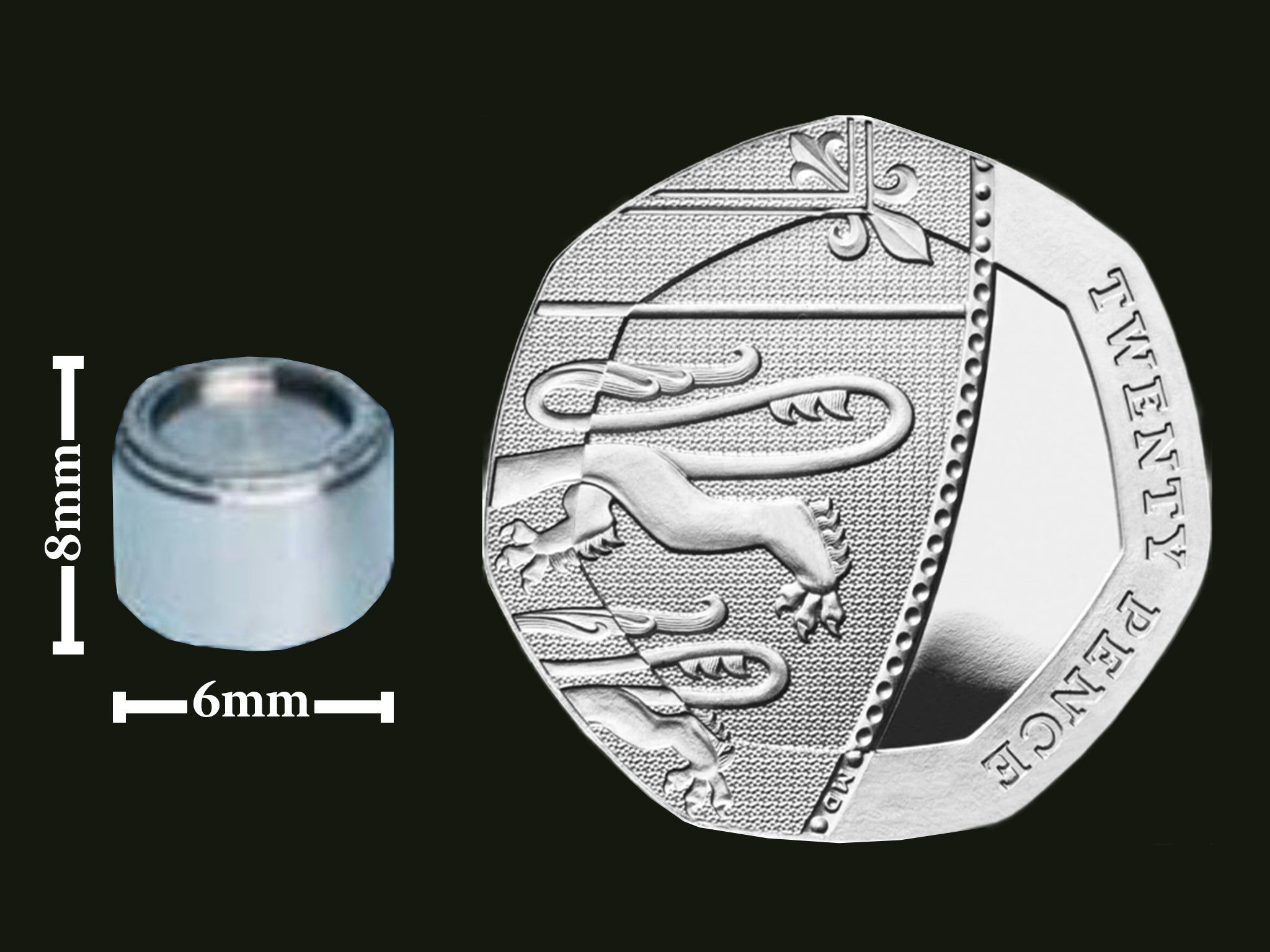 Size comparison of the capsule against a 20p piece