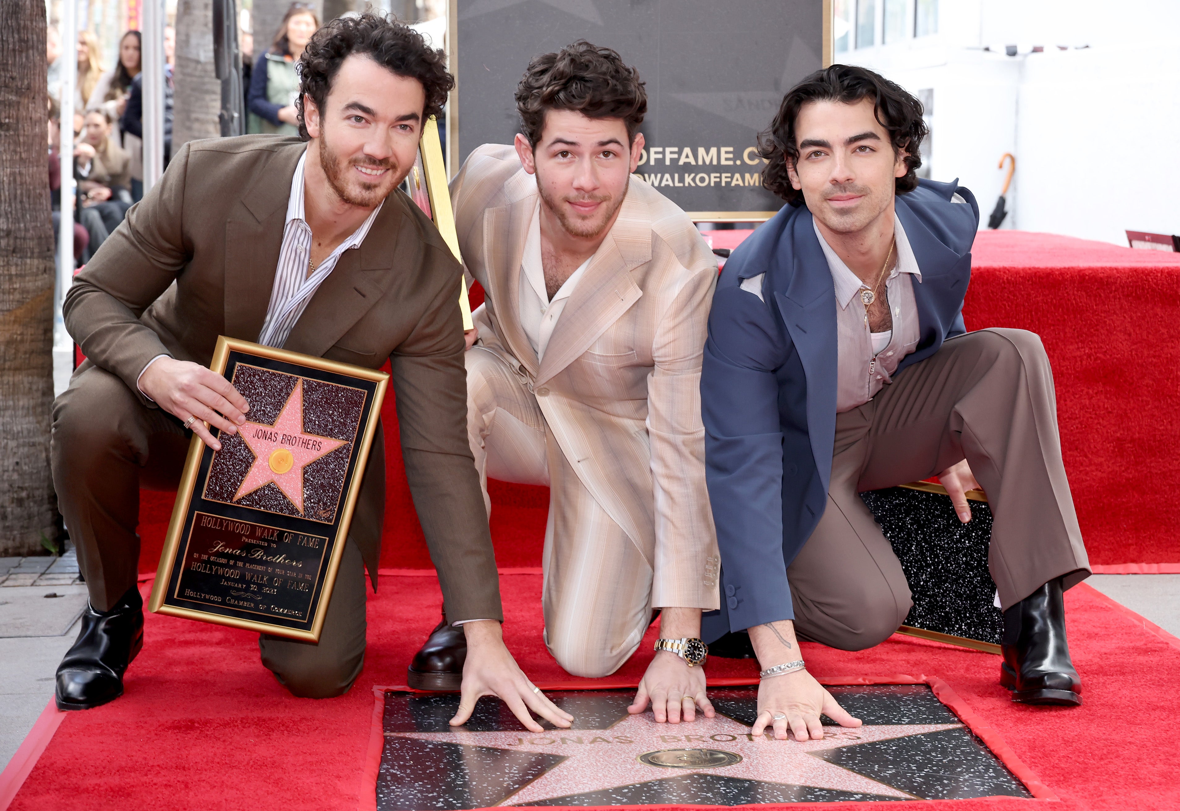 Kevin Jonas, Nick Jonas, and Joe Jonas of The Jonas Brothers attend The Hollywood Walk of Fame star ceremony honoring The Jonas Brothers on January 30, 2023