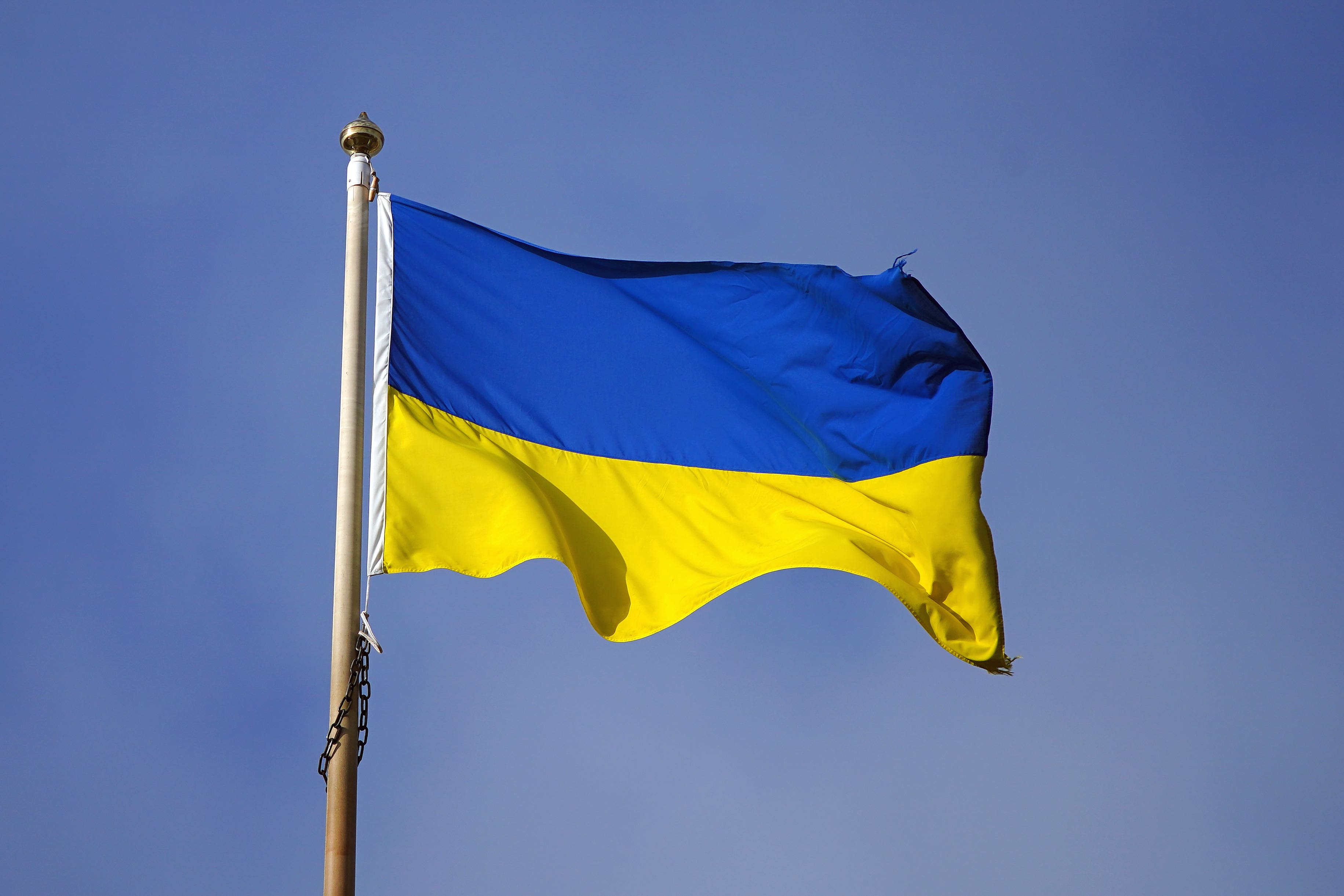 The Ukraine flag flies above St George’s Hall in Liverpool (Peter Byrne/PA)