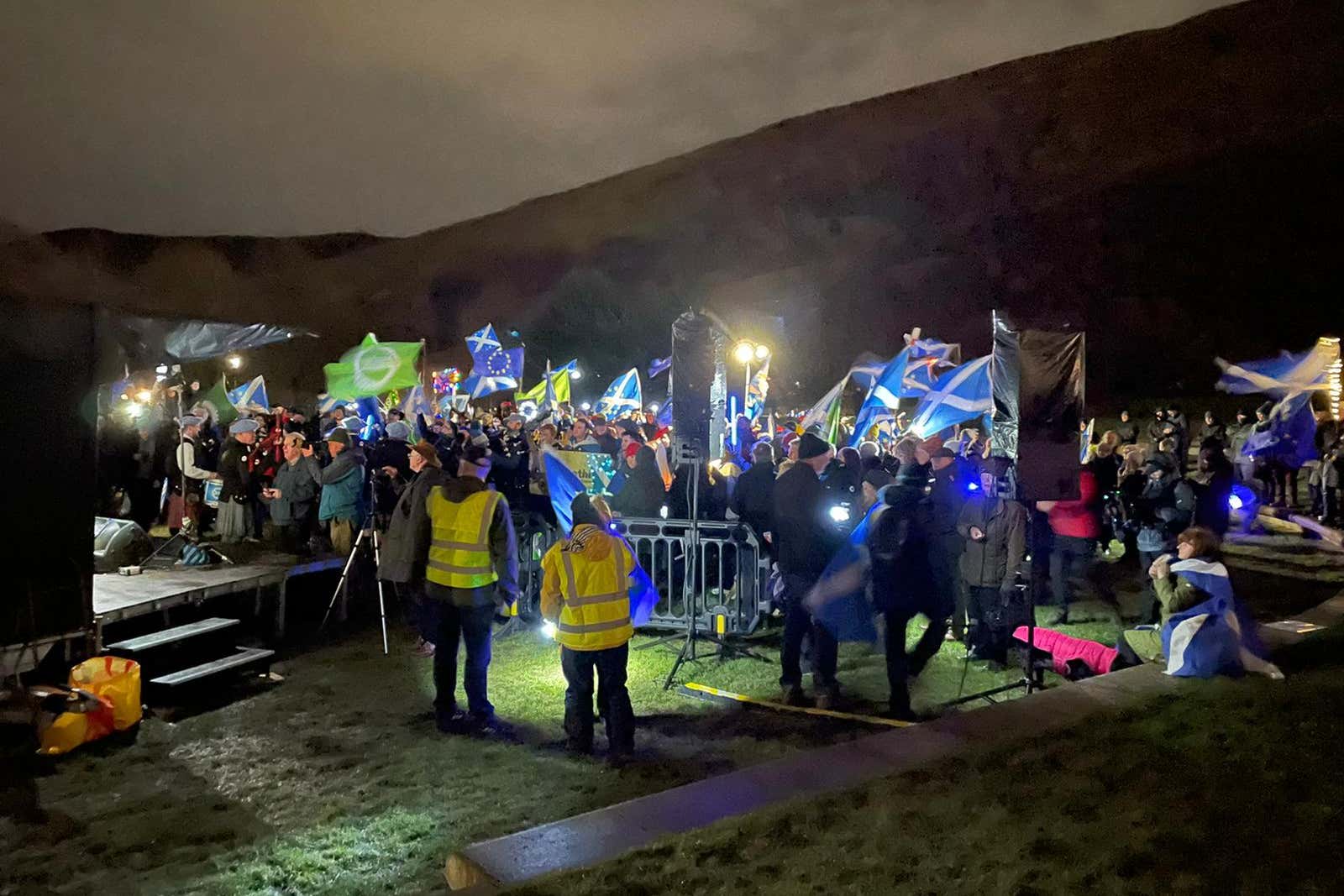 Scottish independence supporters gather outside the Scottish Parliament to mark the third anniversary of Brexit (Lauren Gilmour/PA)