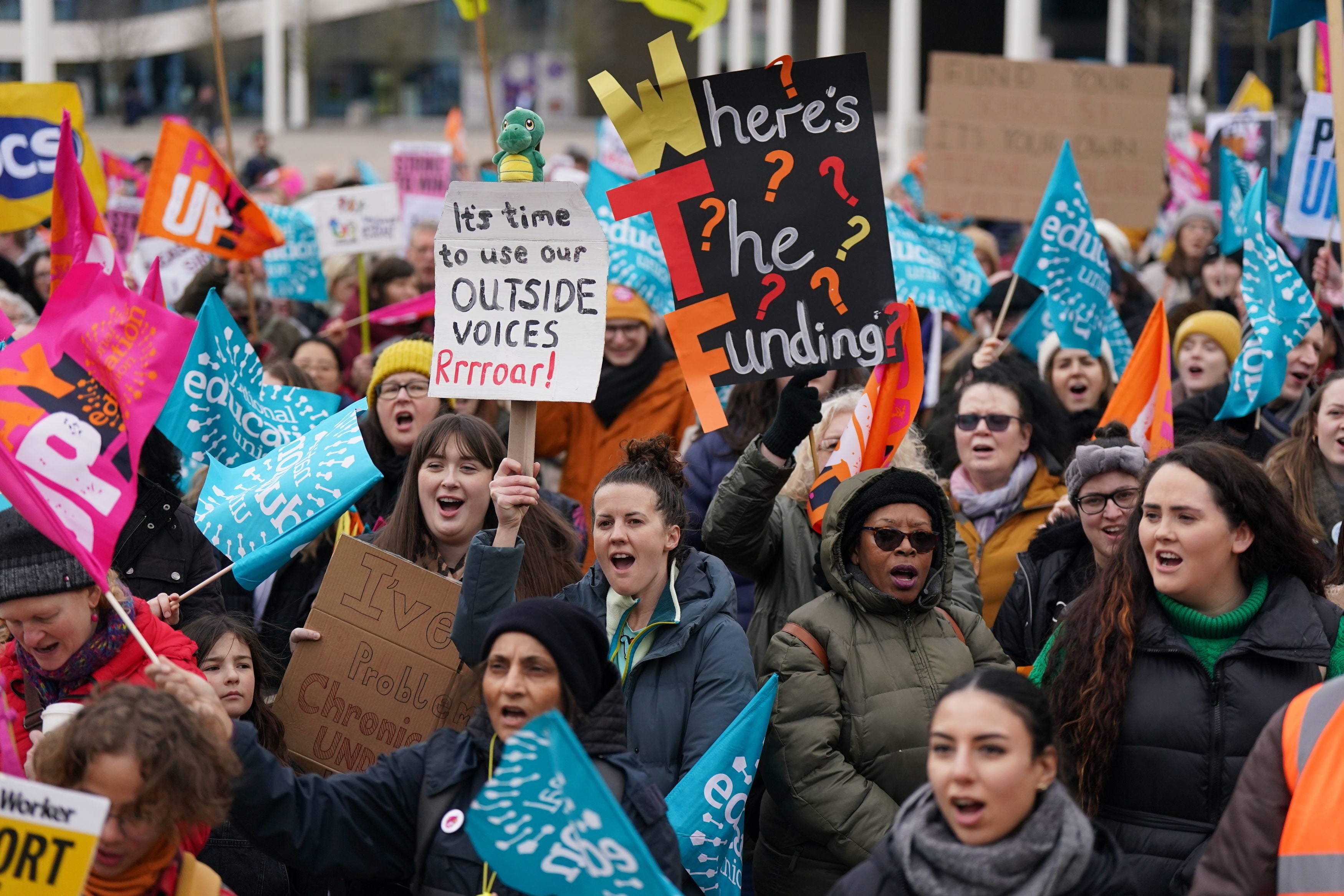 Protesters from the National Education Union, Trades Union Congress, Public and Commercial Services, and University and College Union at the National Strike Action Rally in Birmingham