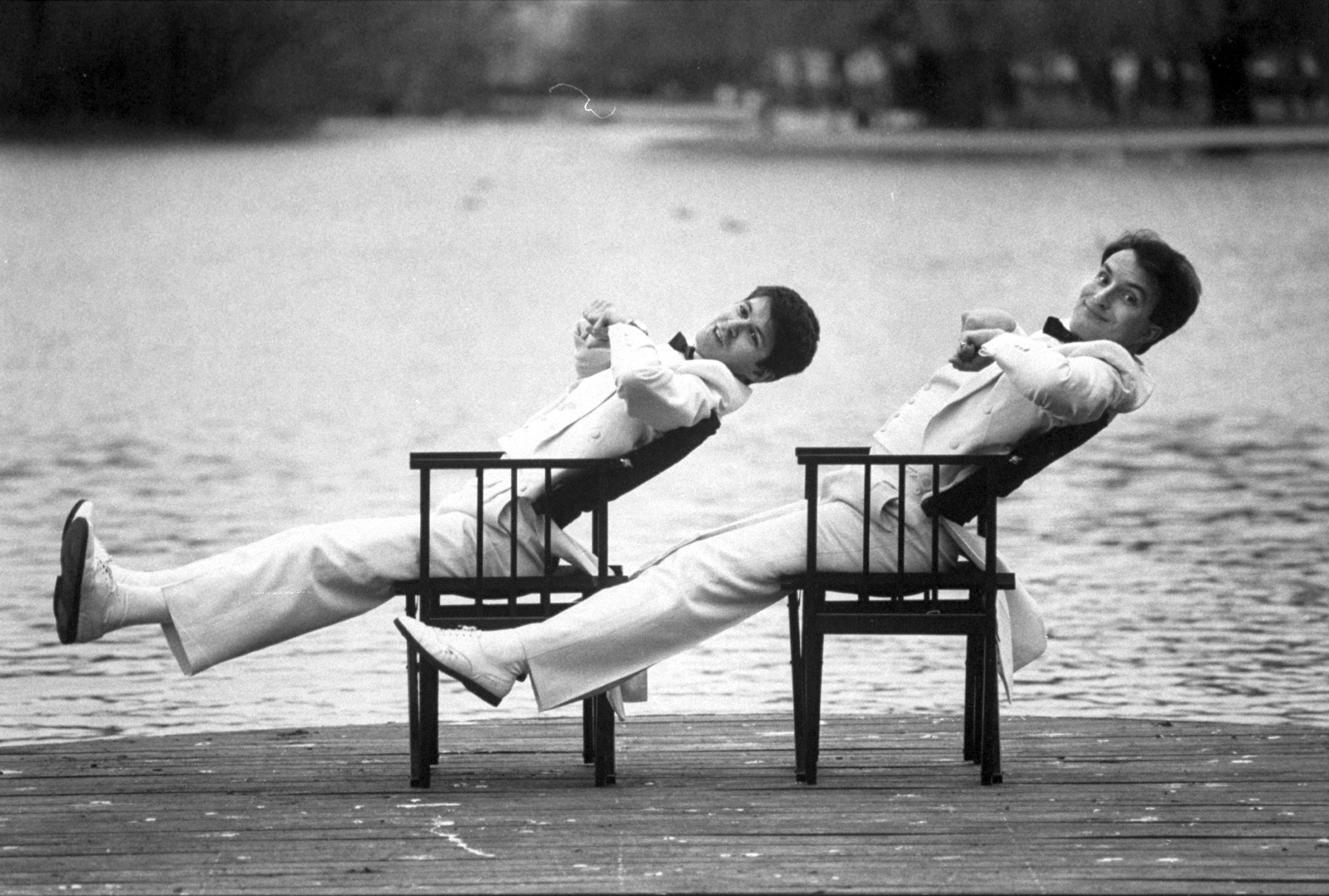 Richard Sisson, left, and Kit Hesketh-Harvey as Kit and The Widow in a typically exuberant mood in Regent’s Park, London