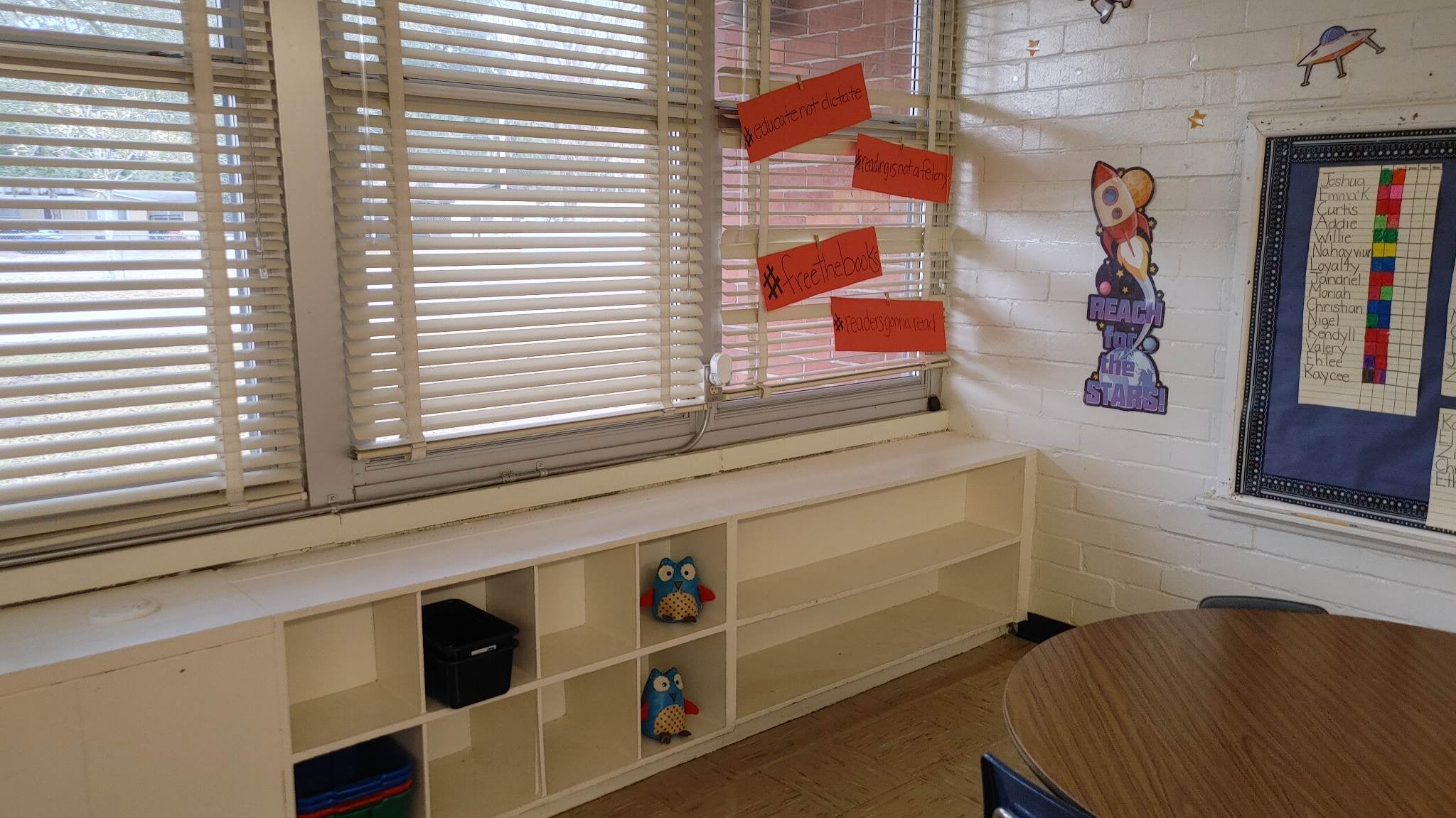 An image shared by Andrea Phillips of her classroom emptied of books following advice from her school district to remove all non-vetted books.