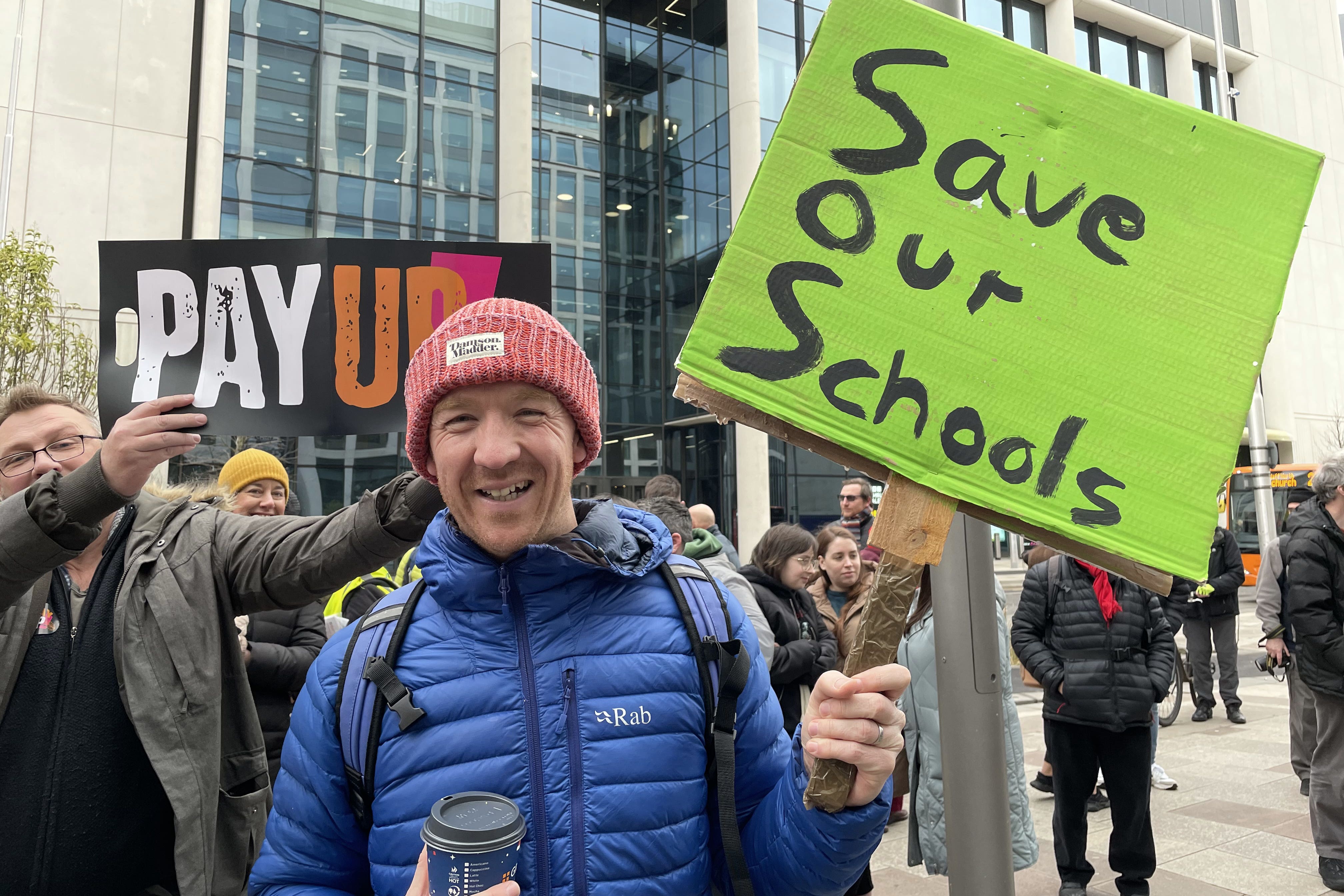 Lewis Miles, 38, a year 6 teacher at Peter Lea Primary in Fairwater, Cardiff, joins protesters from the National Education Union (NEU), Trades Union Congress (TUC), Public and Commercial Services (PCS), and University and College Union (UCU), as they gather at a TUC rally in central Cardiff. Picture date: Wednesday February 1, 2023.