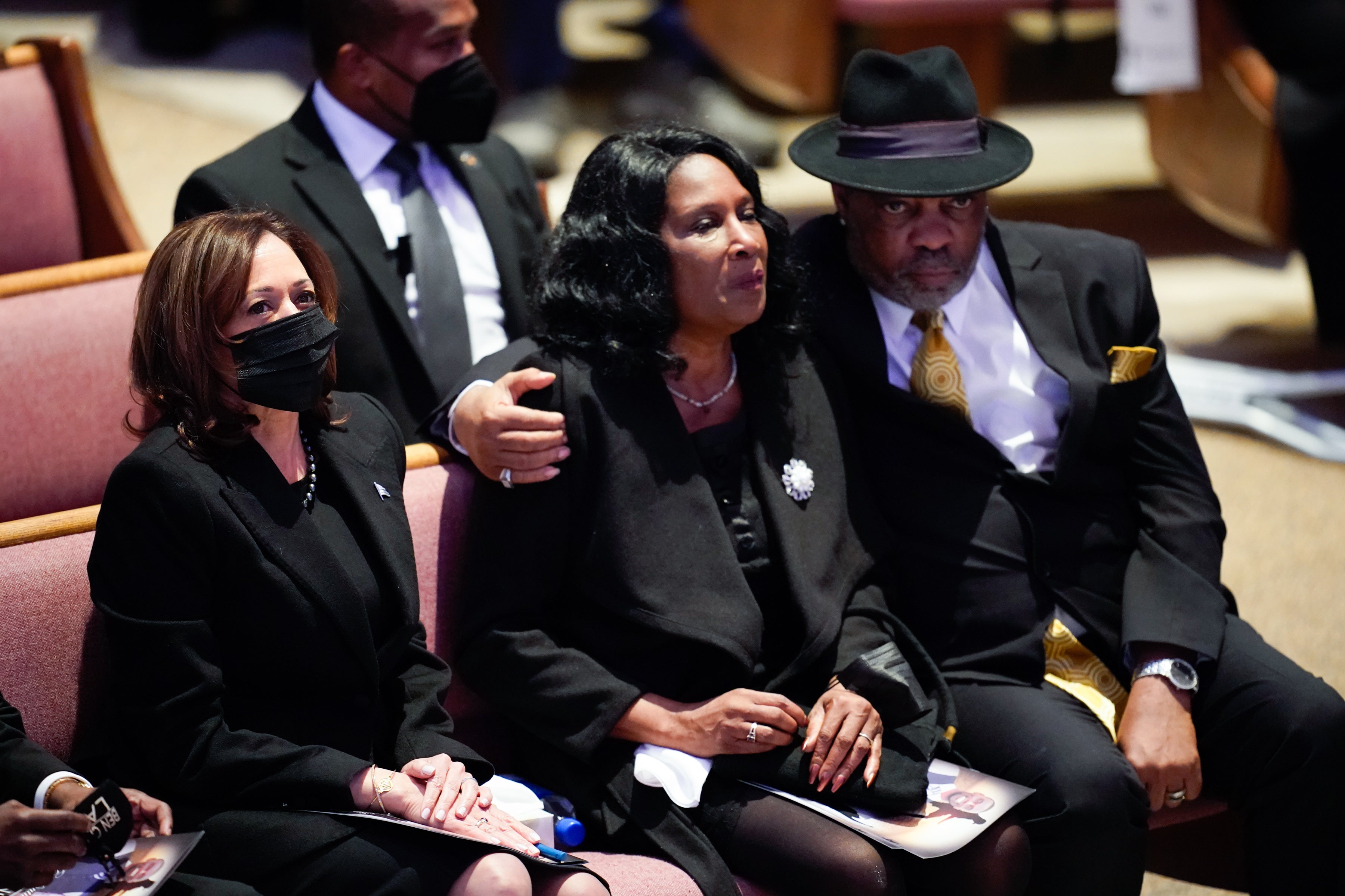 Vice President Kamala Harris sits with RowVaughn Wells and Rodney Wells during the funeral service for Wells' son Tyre Nichols at Mississippi Boulevard Christian Church on February 1, 2023 in Memphis, Tennessee