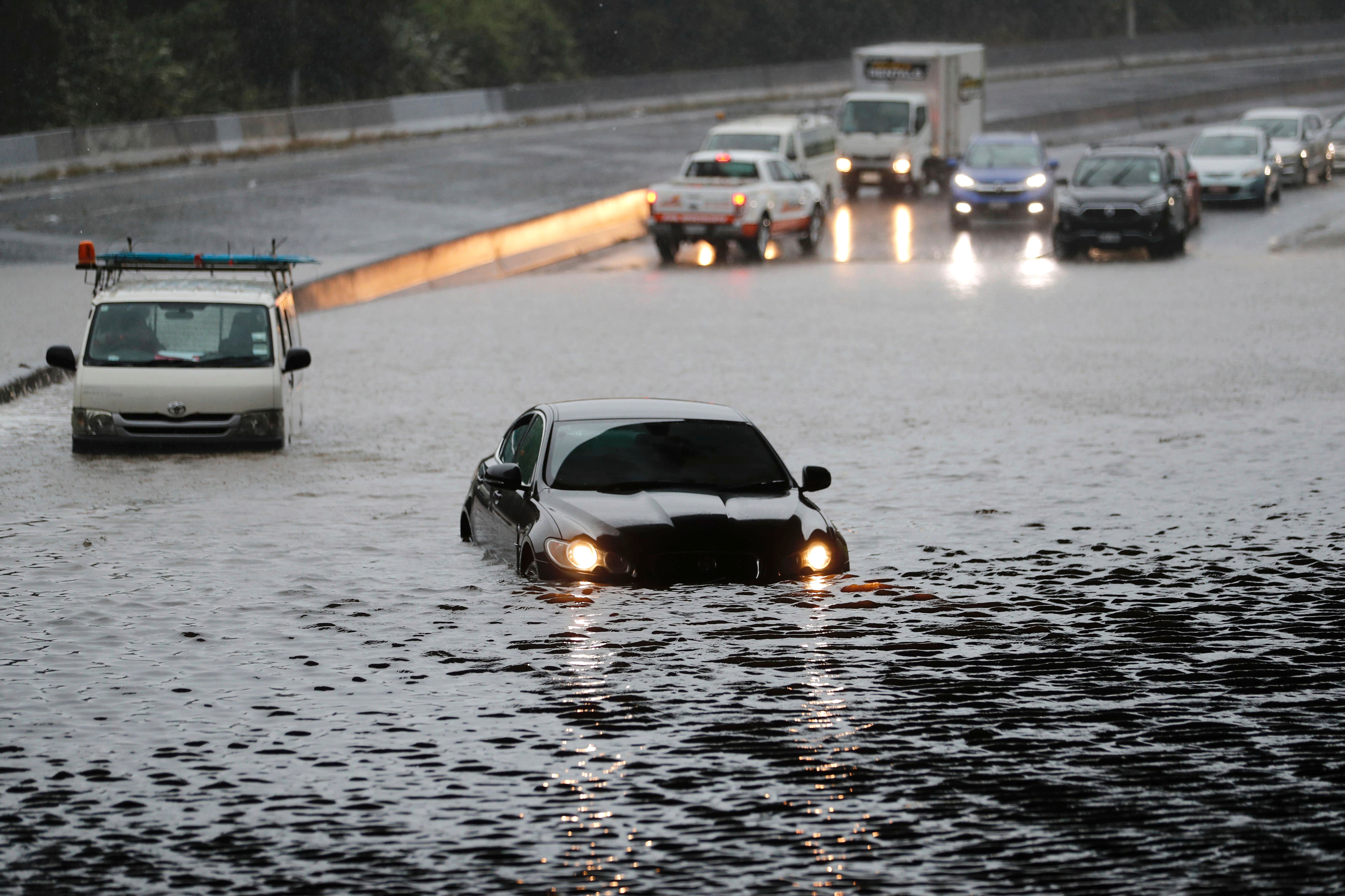 Vehicles stranded by flood water in Auckland on Saturday