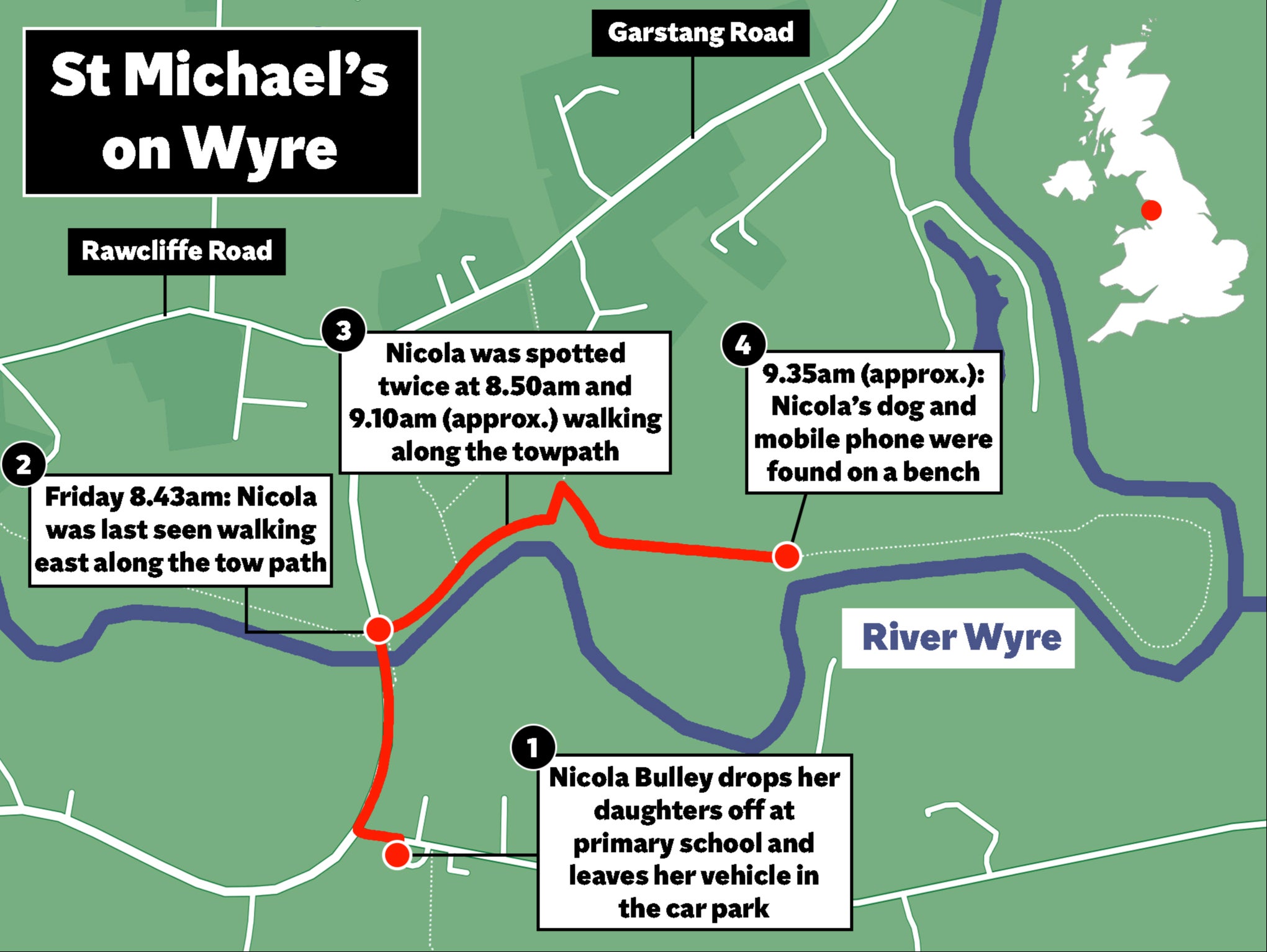 Map of the area where Ms Bulley disappeared and at what times she was seen beforehand