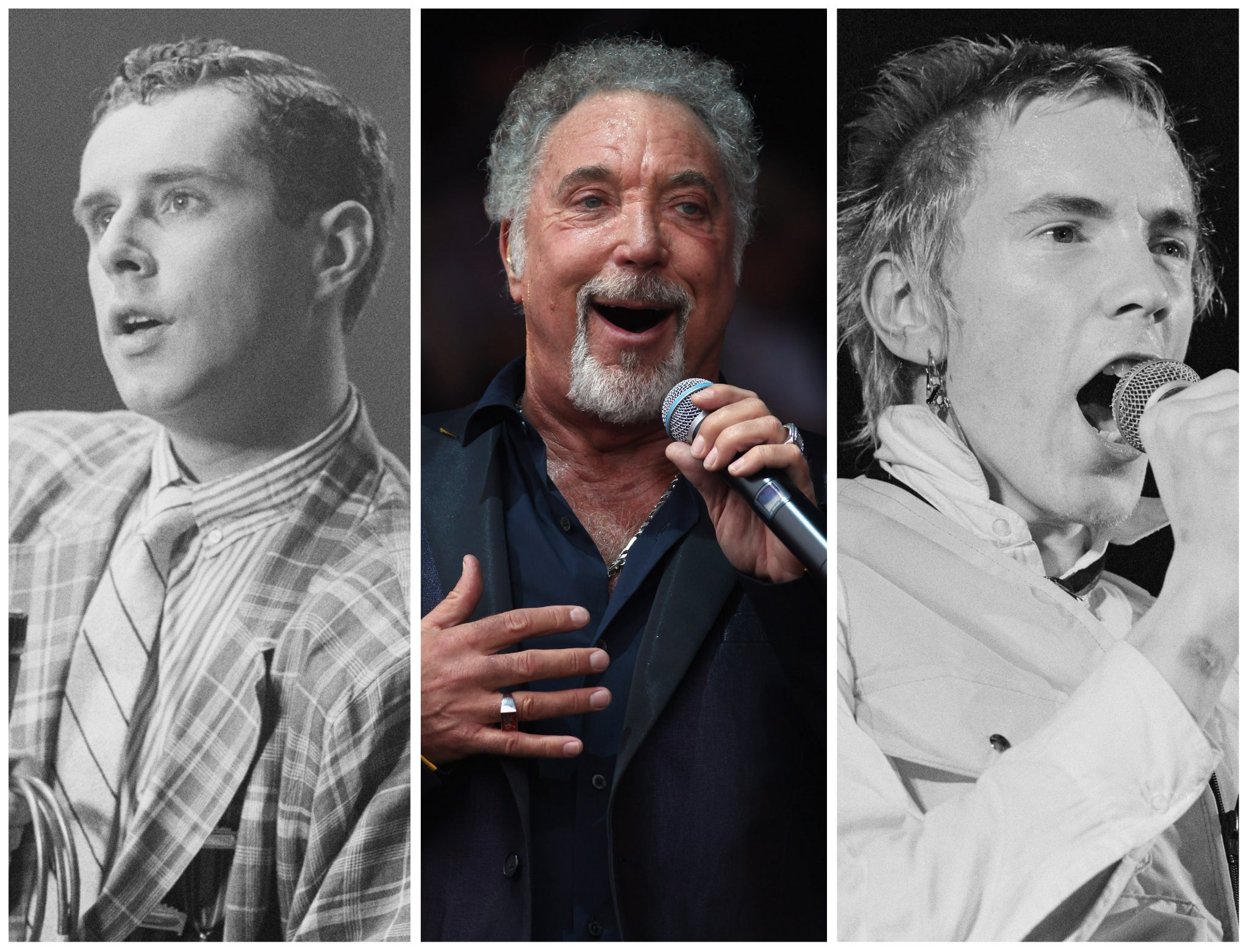 L-R: Holly Johnson of Frankie Goes to Hollywood, Tom Jones, and John Lydon (Johnny Rotten) of the Sex Pistols