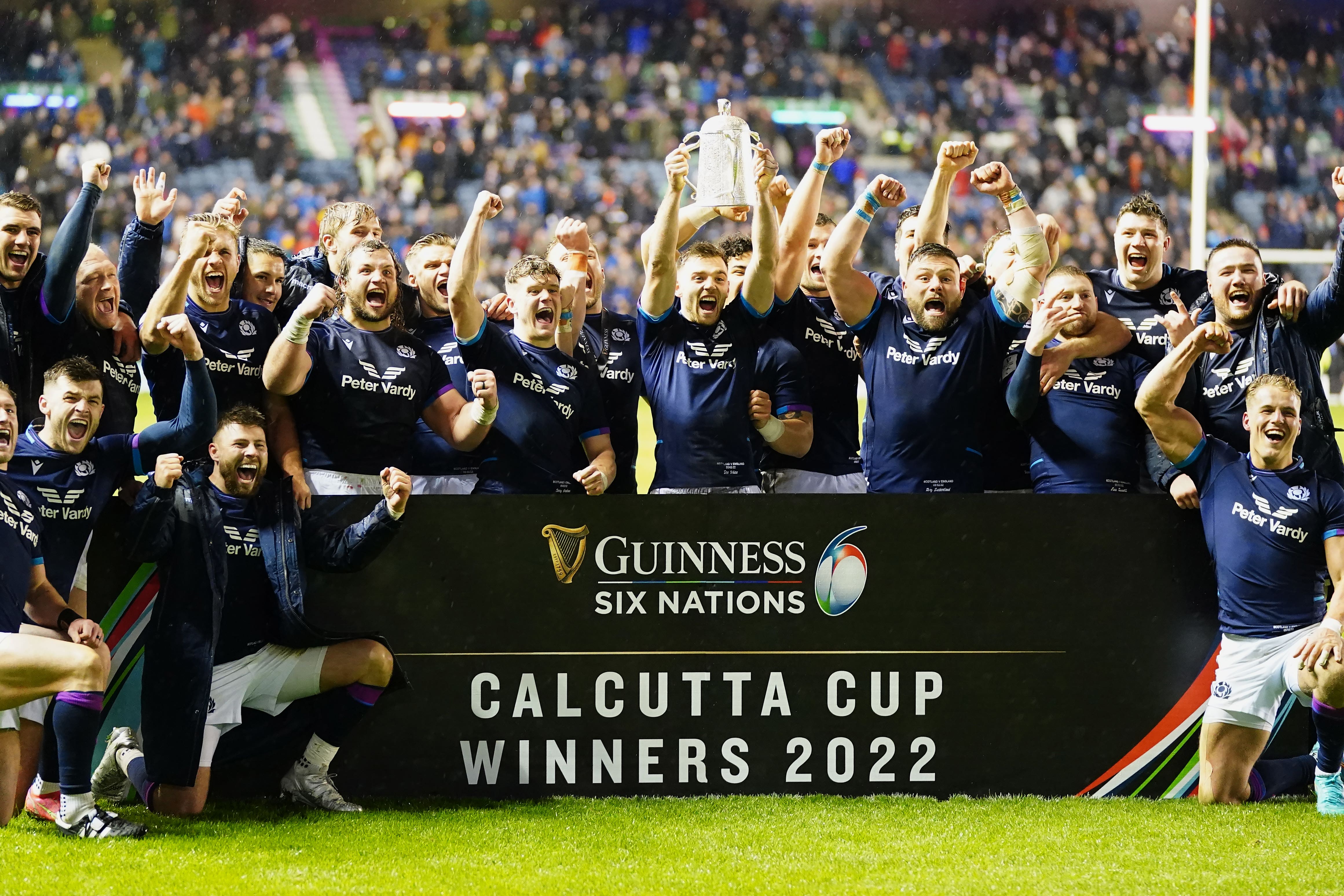 Scotland players celebrate with the Calcutta Cup in 2022 (Jane Barlow/PA)