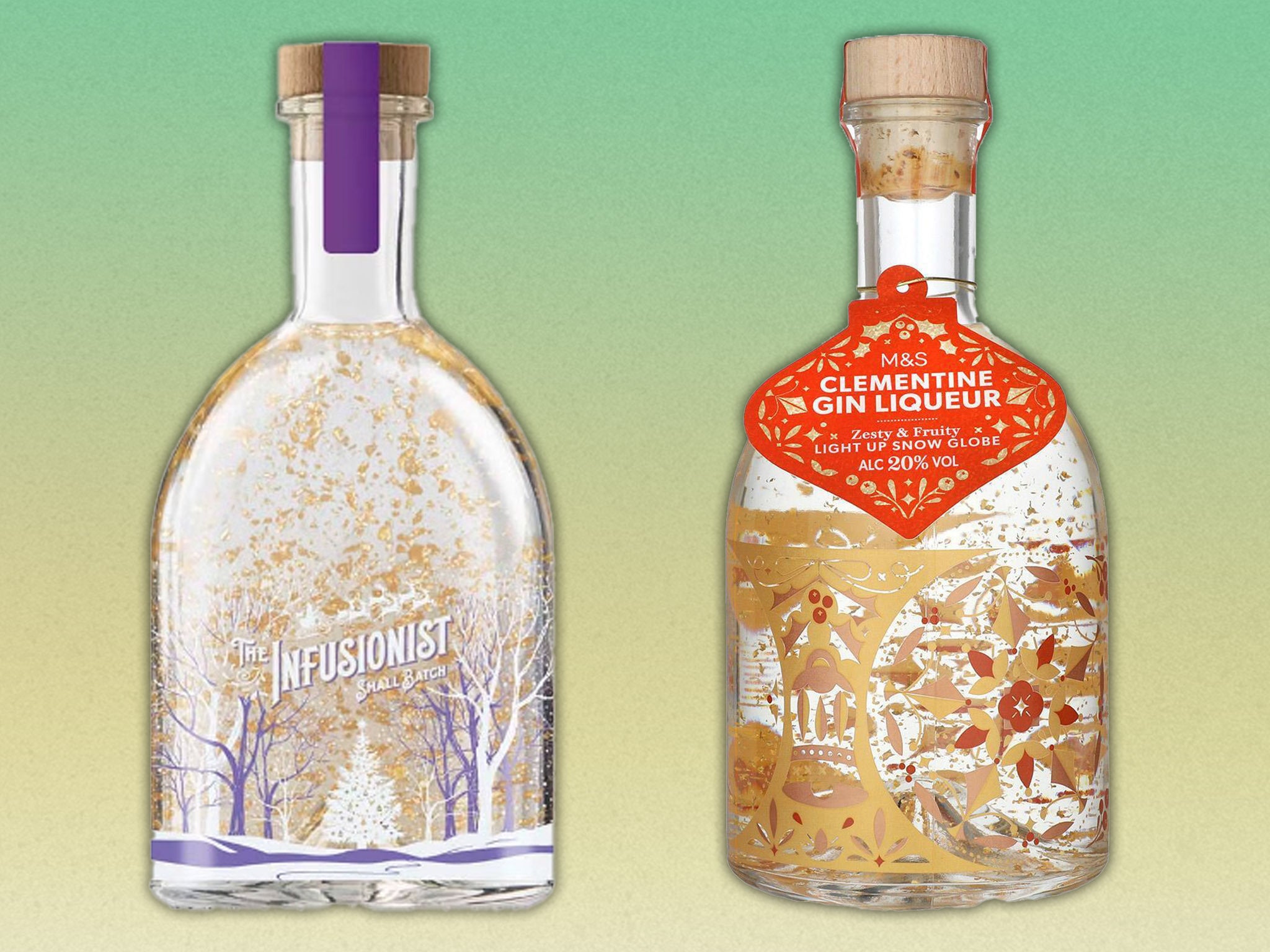 Aldi’s snow globe gin, left, next to the M&S original