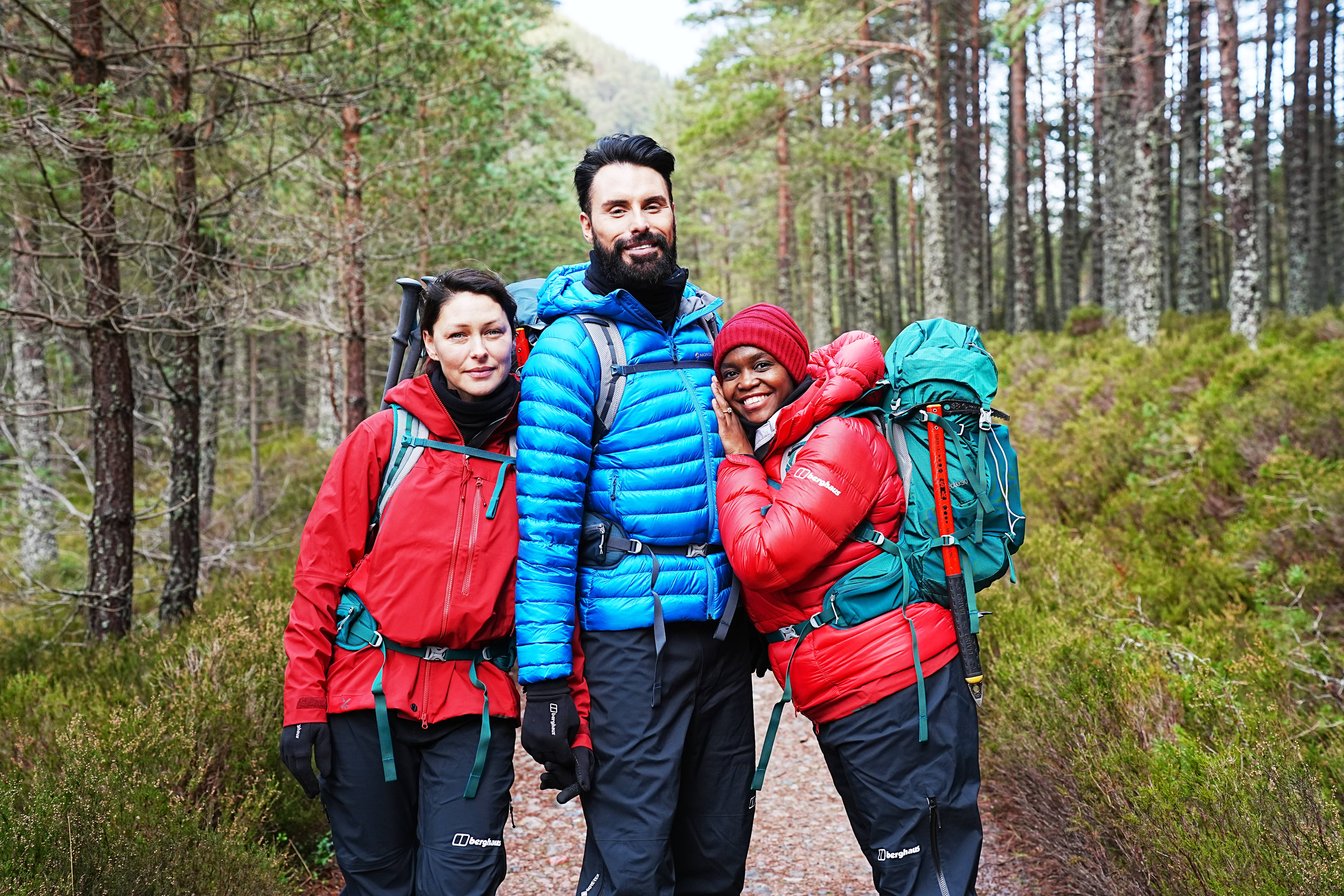 Emma Willis, Rylan Clark and Oti Mabuse during training for their Red Nose Day challenge (Hamish Frost/Comic Relief/PA)