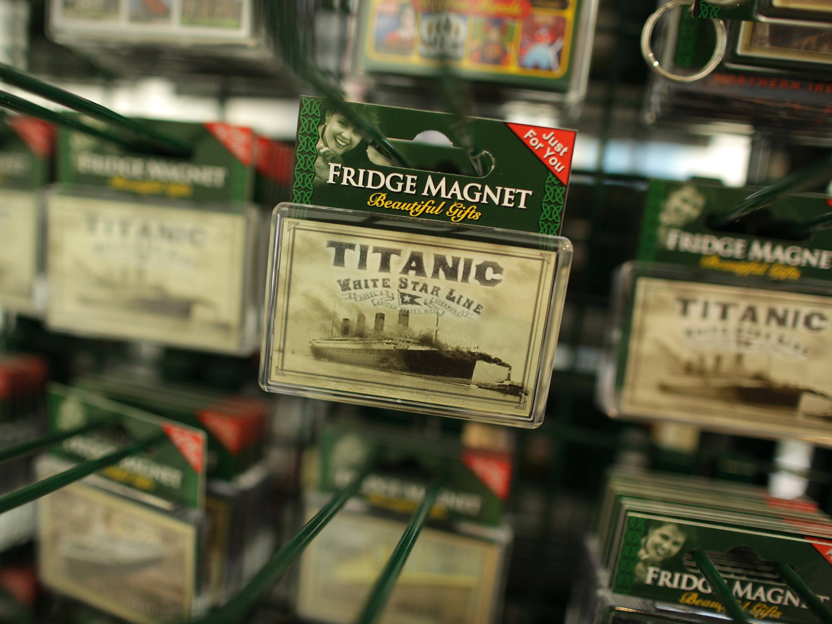 A Titanic-themed fridge magnet on sale at The Pump House in Belfast’s Titanic Quarter