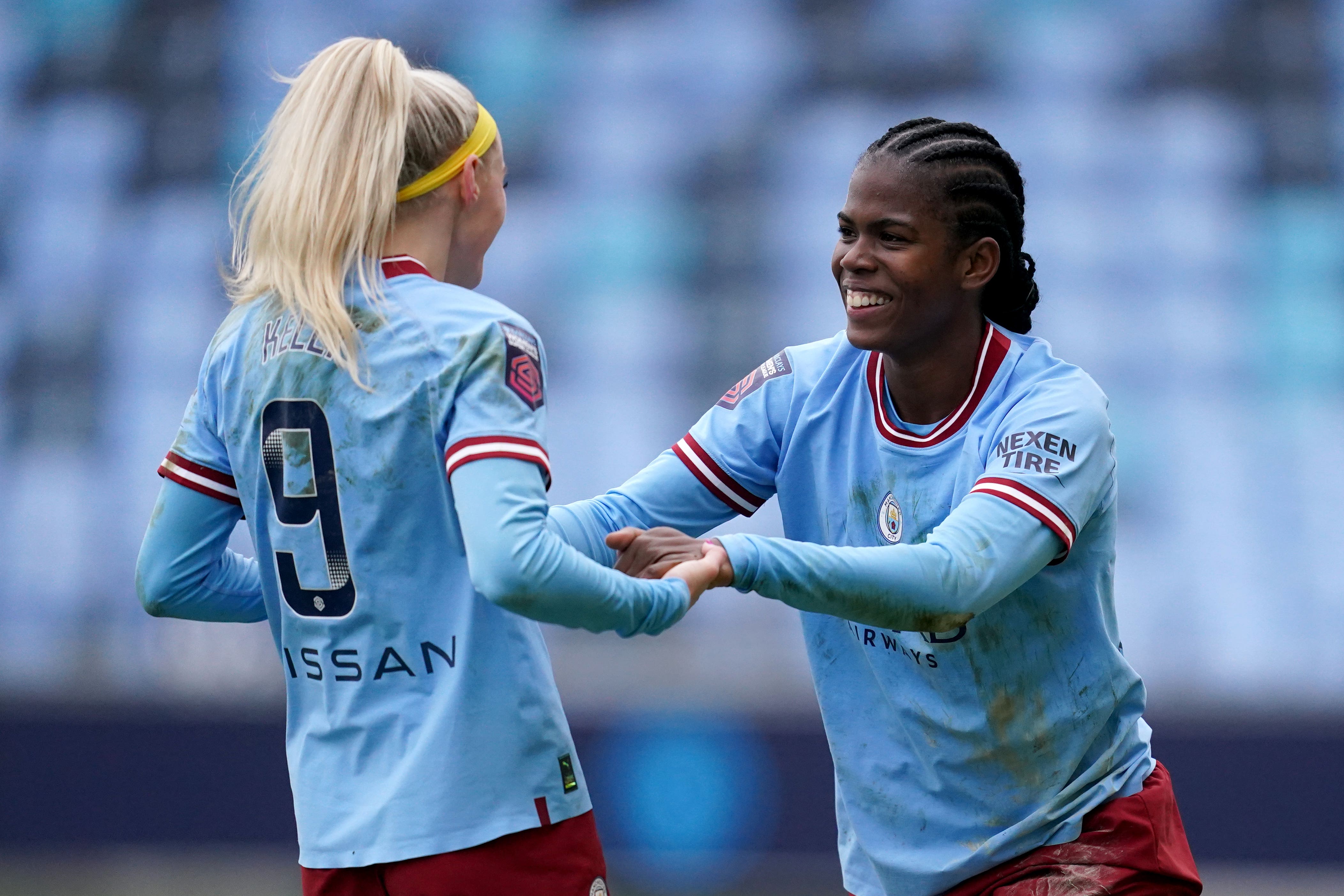 Khadija Shaw (right) and Chloe Kelly celebrate scoring for Manchester City (Nick Potts/PA)