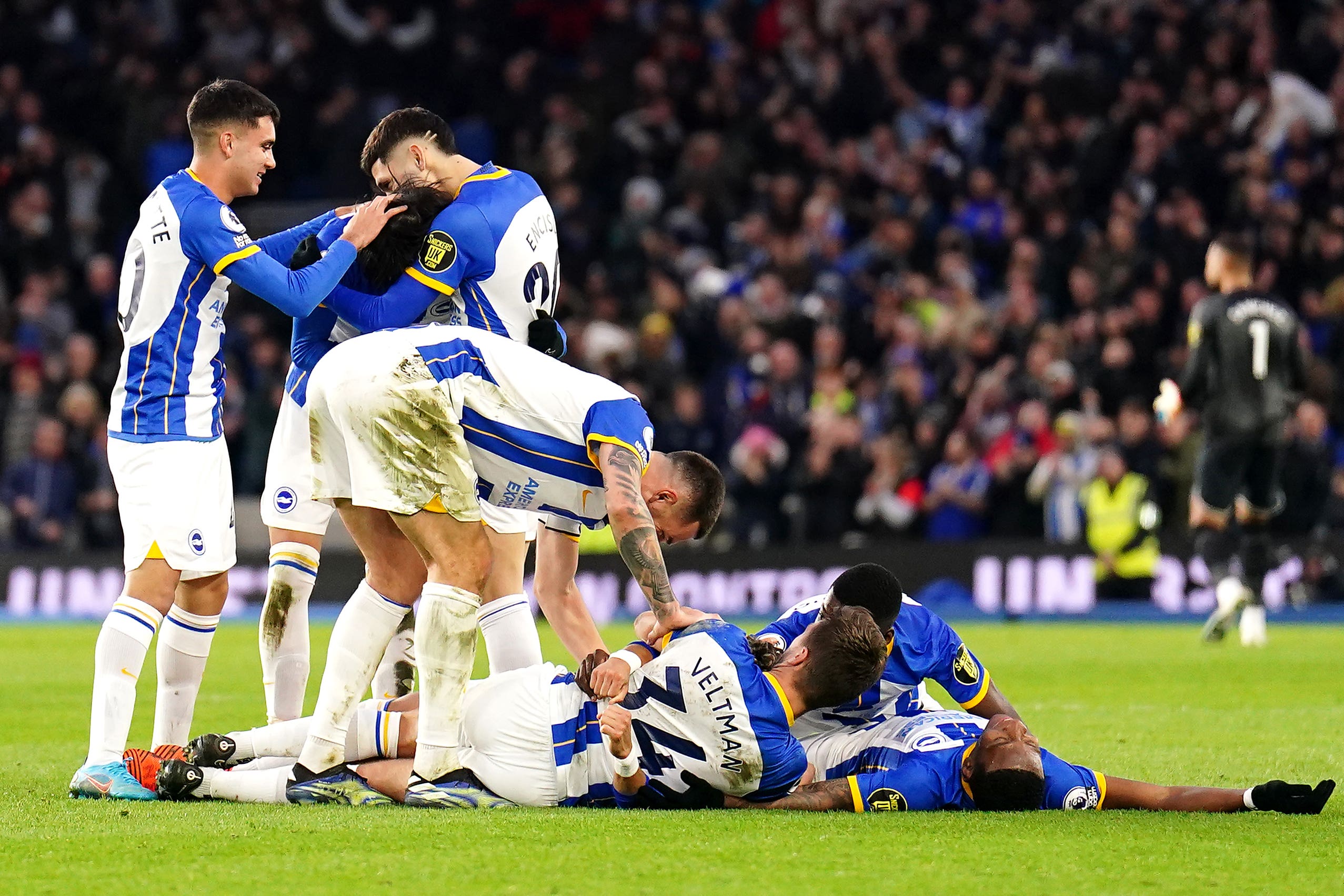 Kaoru Mitoma, second left, celebrates scoring Brighton’s winner against Bournemouth (Zac Goodwin/PA)