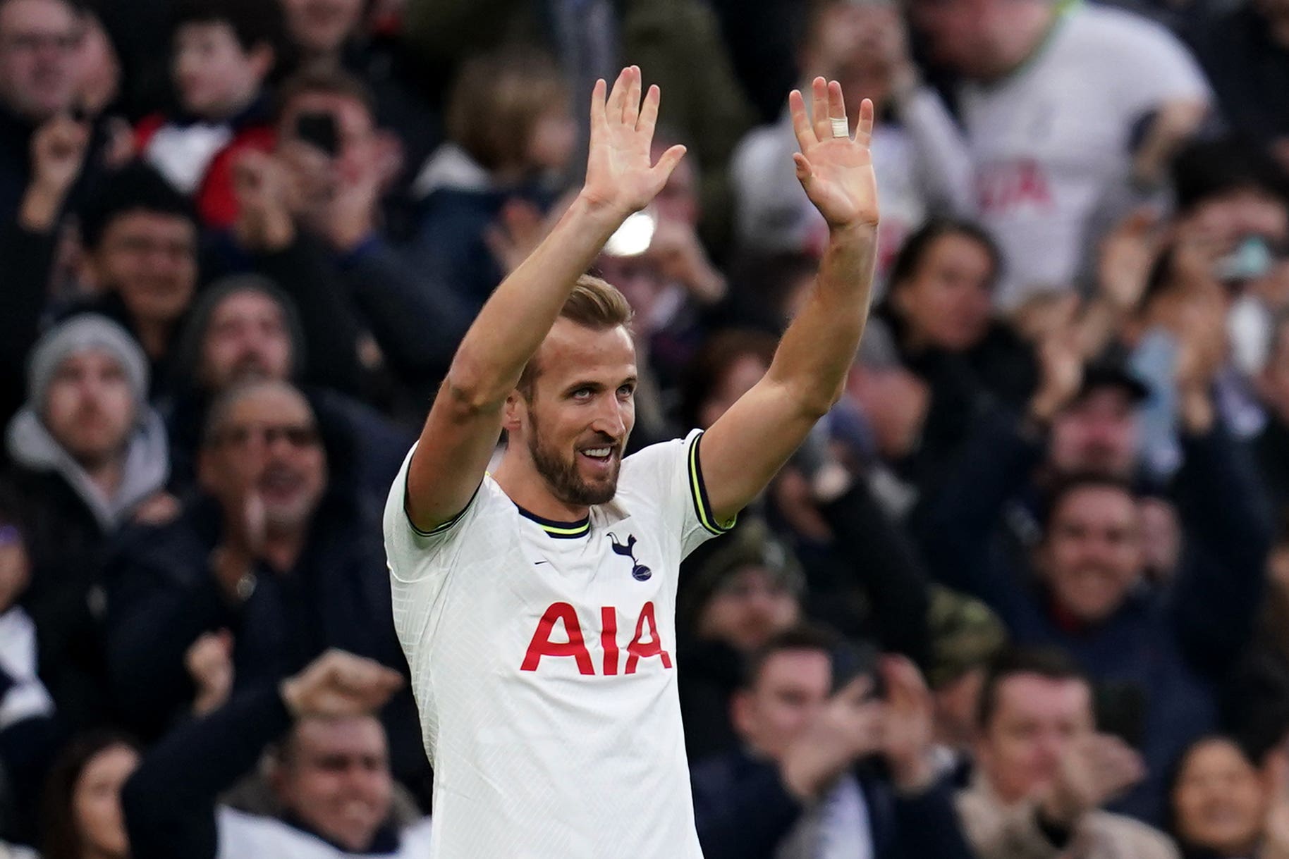 Harry Kane celebrates after moving past Jimmy Greaves as Tottenham’s all-time record scorer (John Walton/PA).