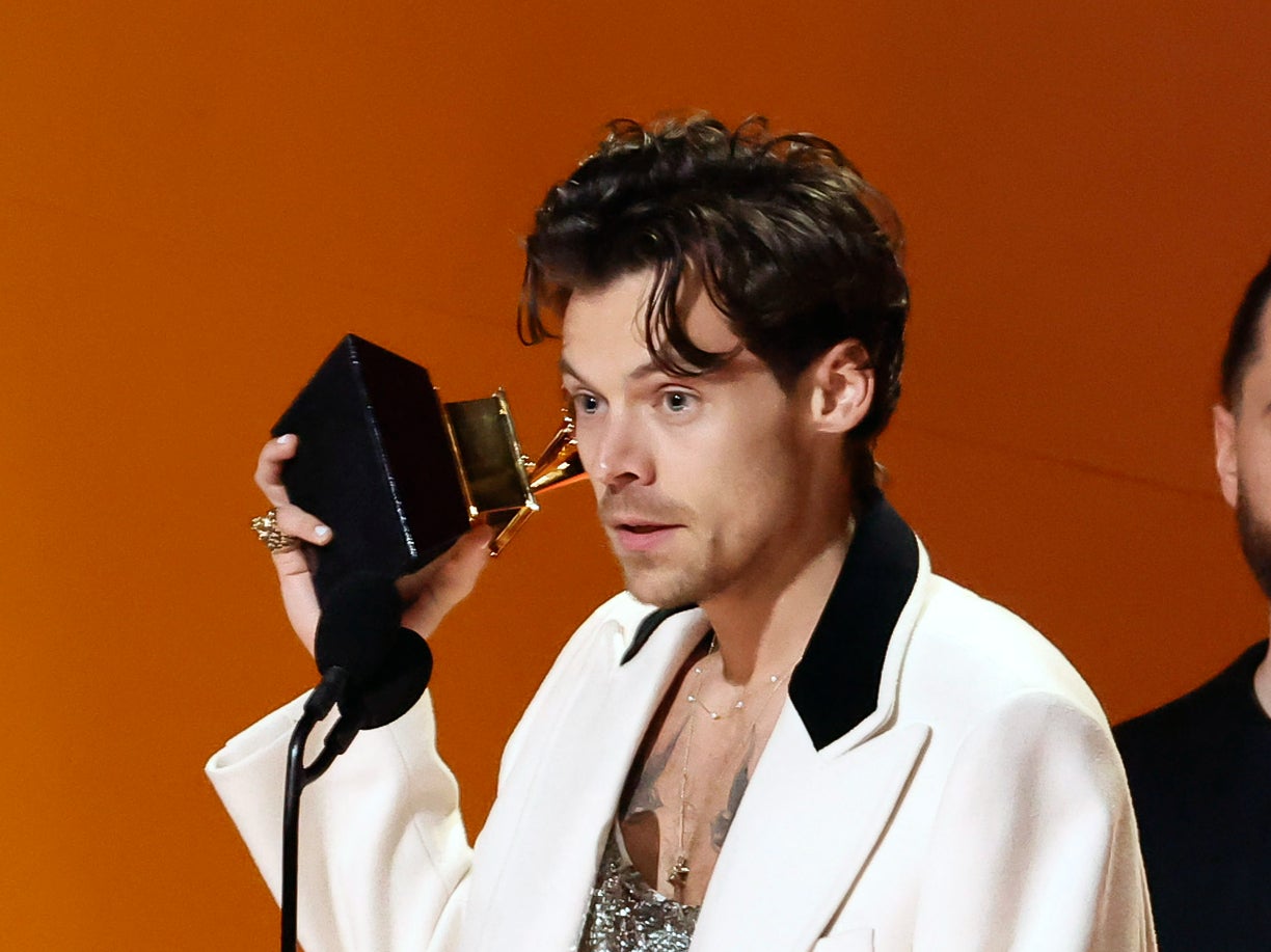 Harry Styles with his award for Album of the Year at the 2023 Grammys