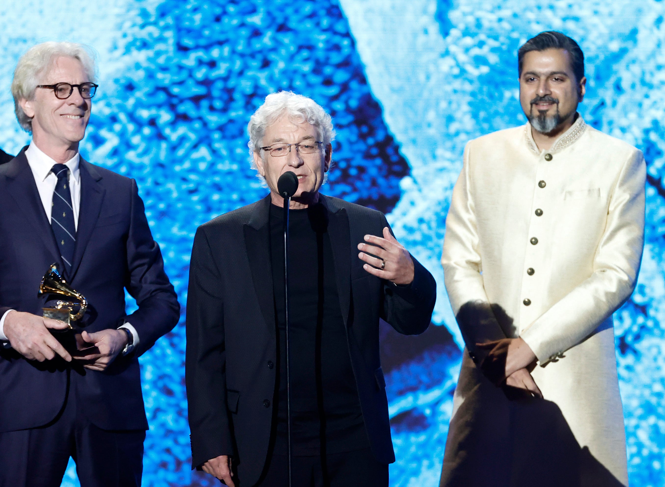 Stewart Copeland, Herbert Waltl, and Ricky Kej accept the award for Best Immersive Audio Album for ‘Divine Tides’