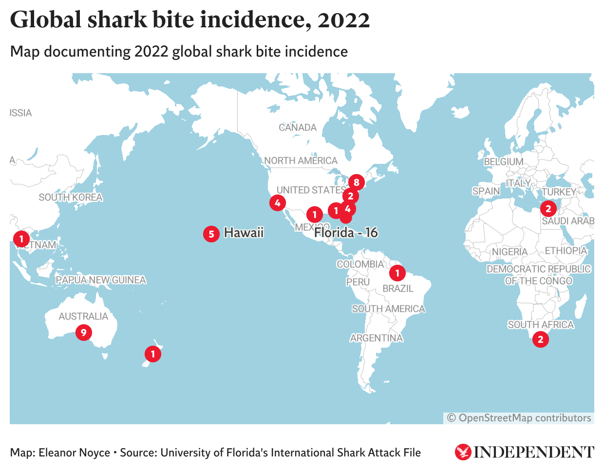 Map documenting 2022 global shark bite incidence