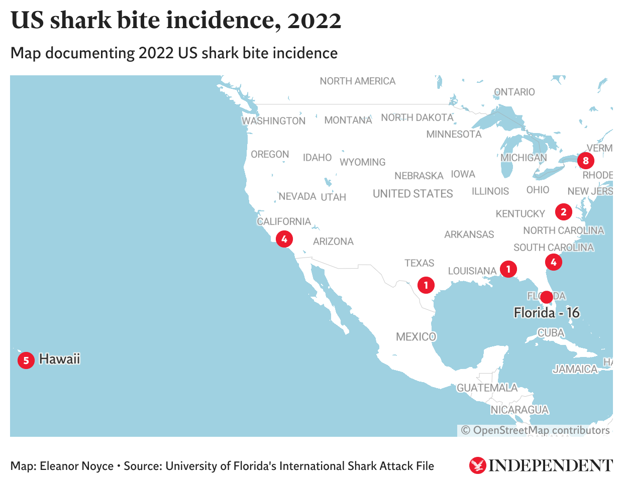 Map documenting US shark bite incidence in 2022