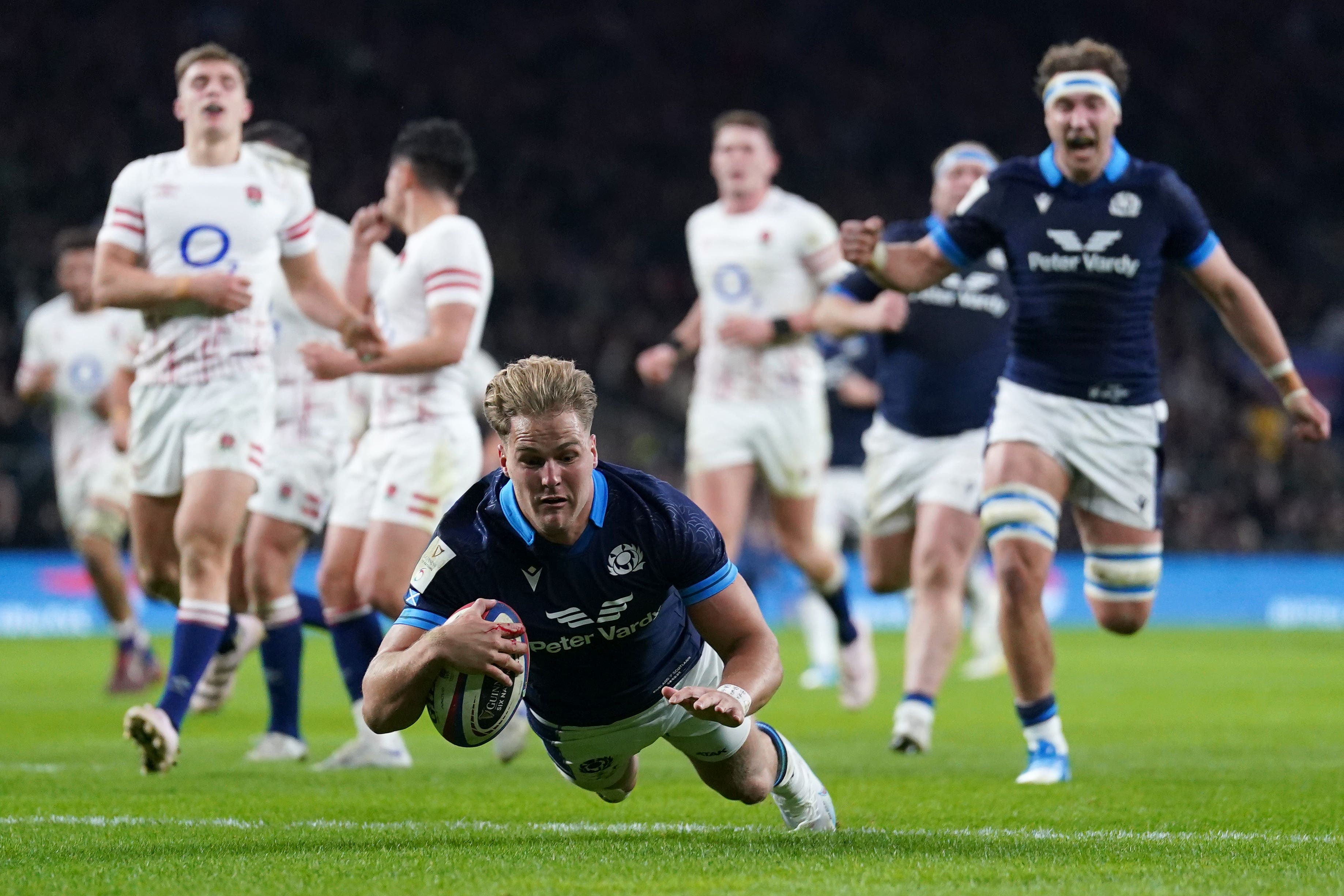 Scotland’s Duhan van der Merwe crosses at Twickenham (Adam Davy/PA)