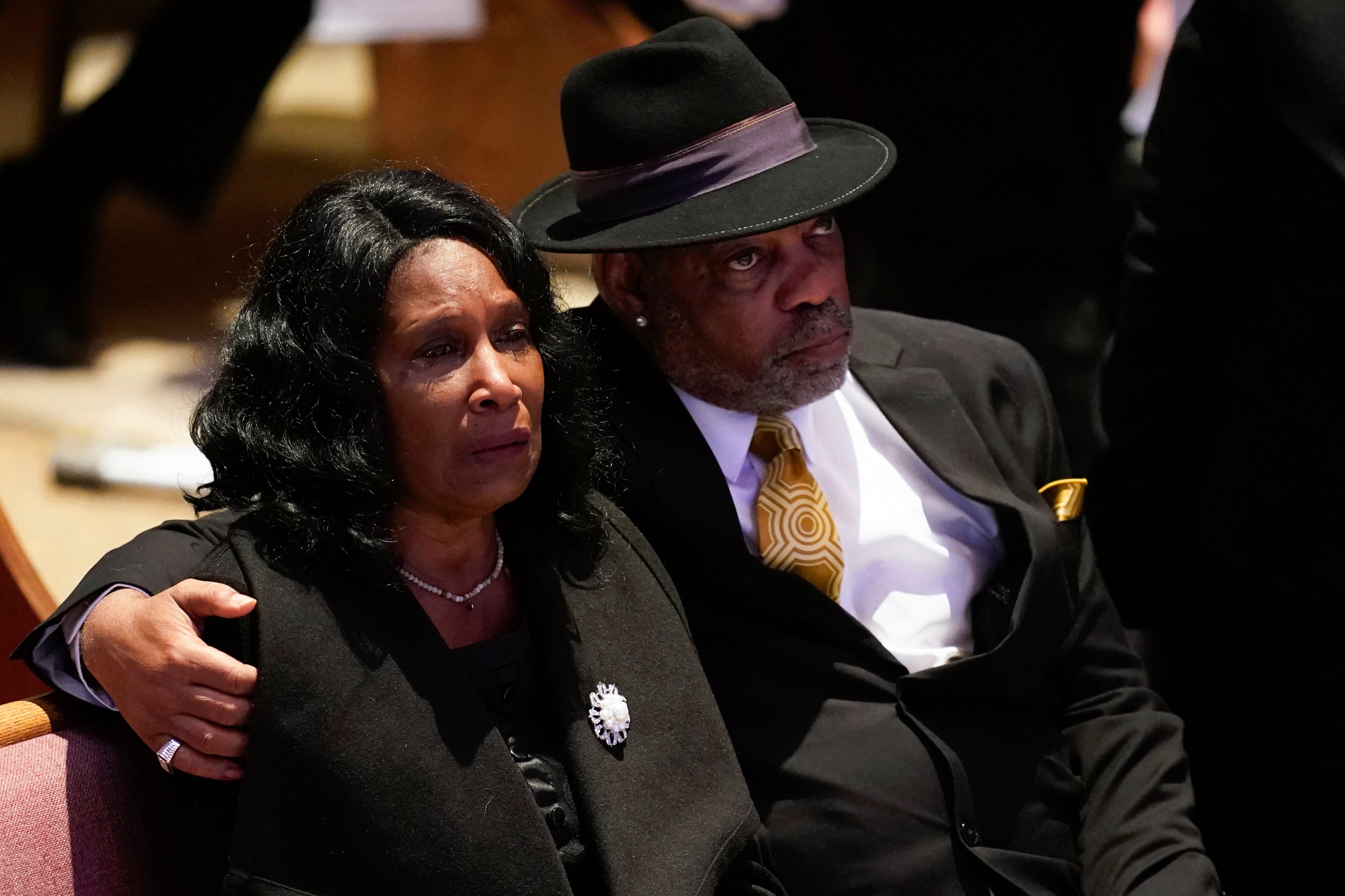 RowVaughn Wells cries as she and her husband Rodney Wells attend the funeral service for her son Tyre Nichols at Mississippi Boulevard Christian Church in Memphis, Tenn., on Wednesday, Feb. 1, 2023.