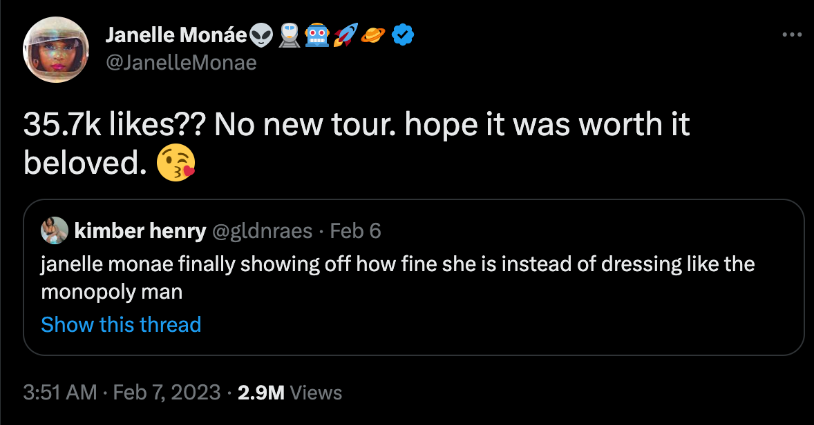 Janelle Monae replied after a fan commented on her appearance