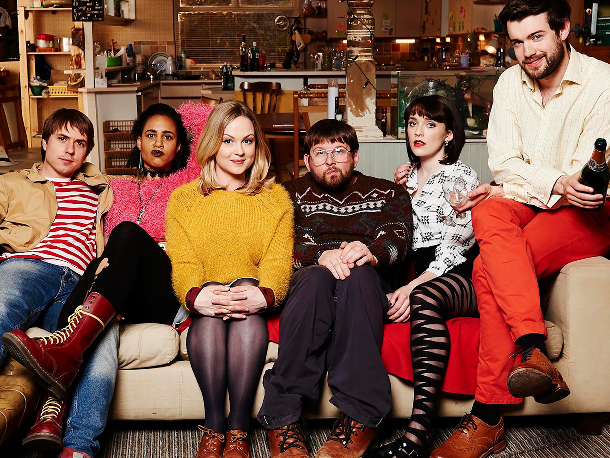 From left to right: Joe Thomas, Zawe Ashton, Kimberley Nixon, Greg McHugh, Ritchie and Jack Whitehall in ‘Fresh Meat’