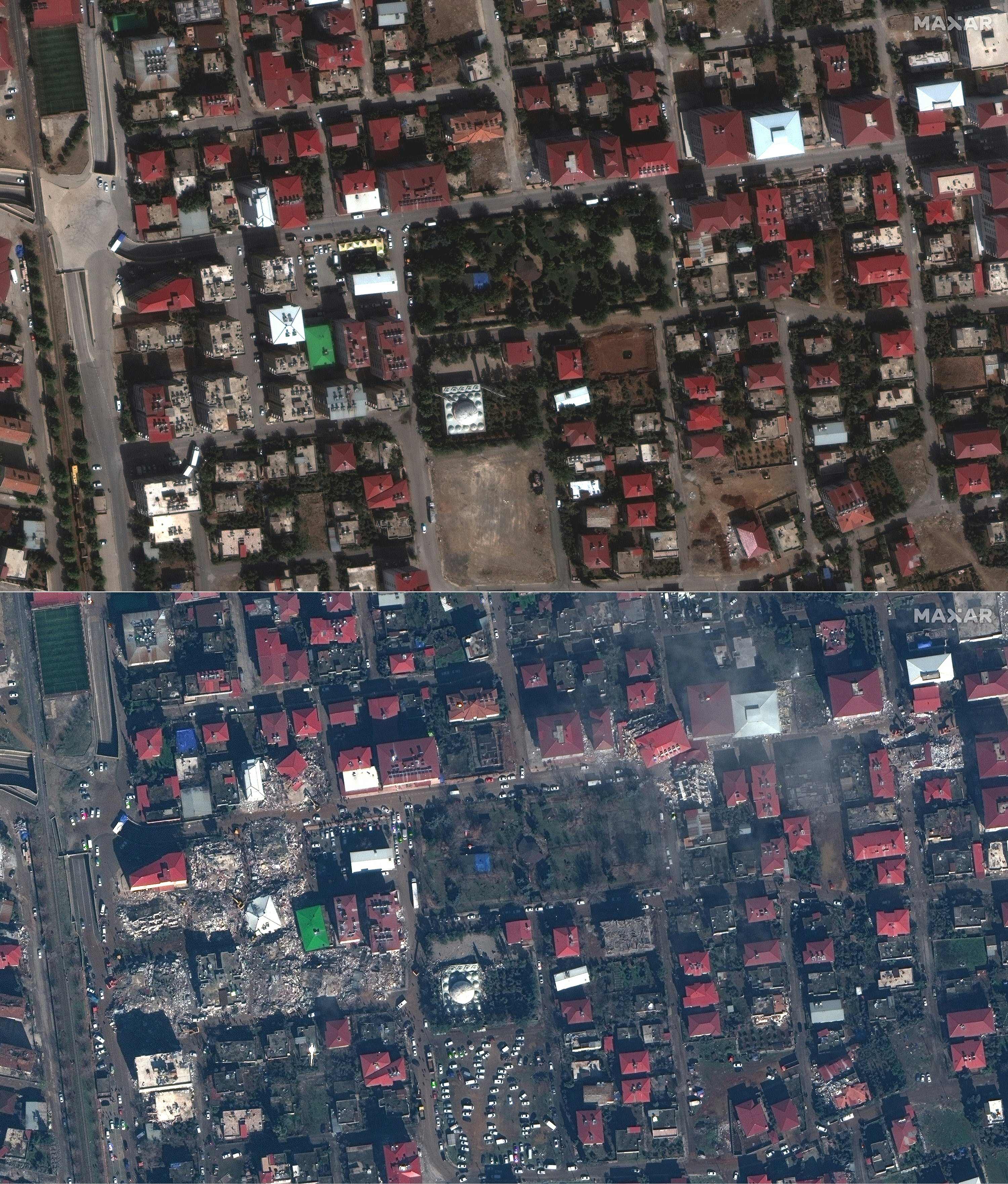 Before (top) and after (bottom) satellite images show Islahiye in southeastern Turkey