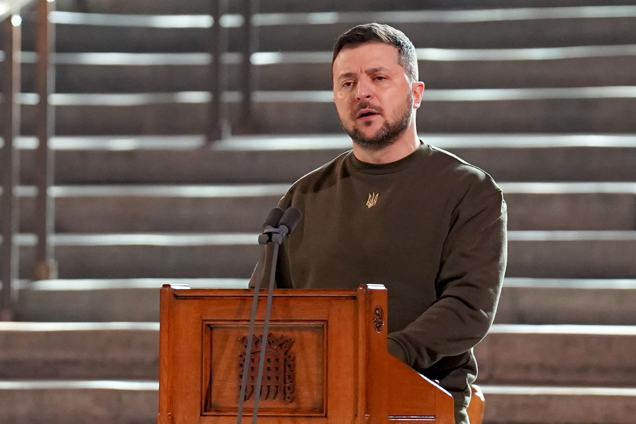 Ukrainian President Volodymyr Zelensky addresses parliamentarians (Stefan Rousseau/PA)