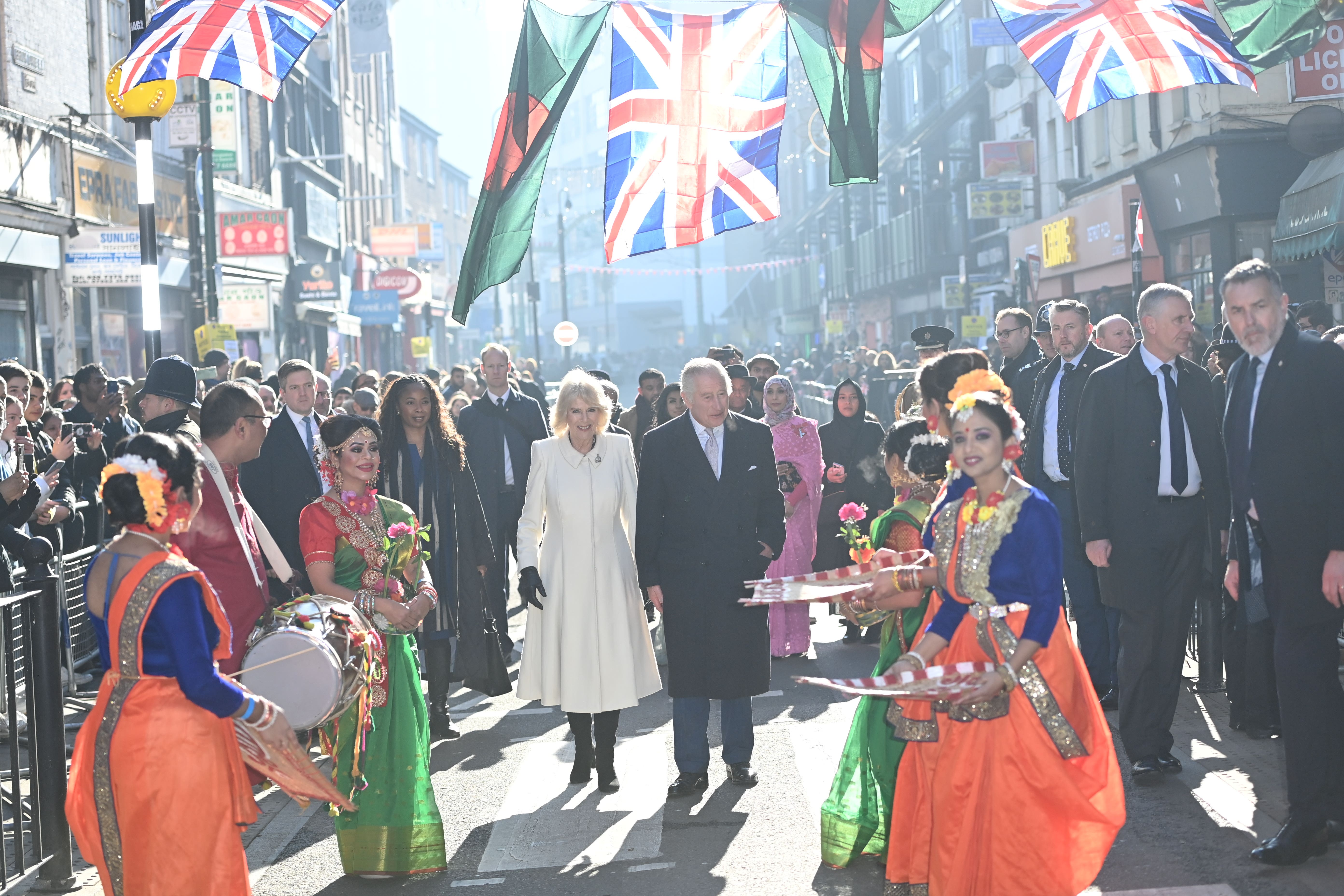 The King and the Queen Consort during a visit to Brick Lane in east London (Eddie Mulholland/The Telegraph/PA)