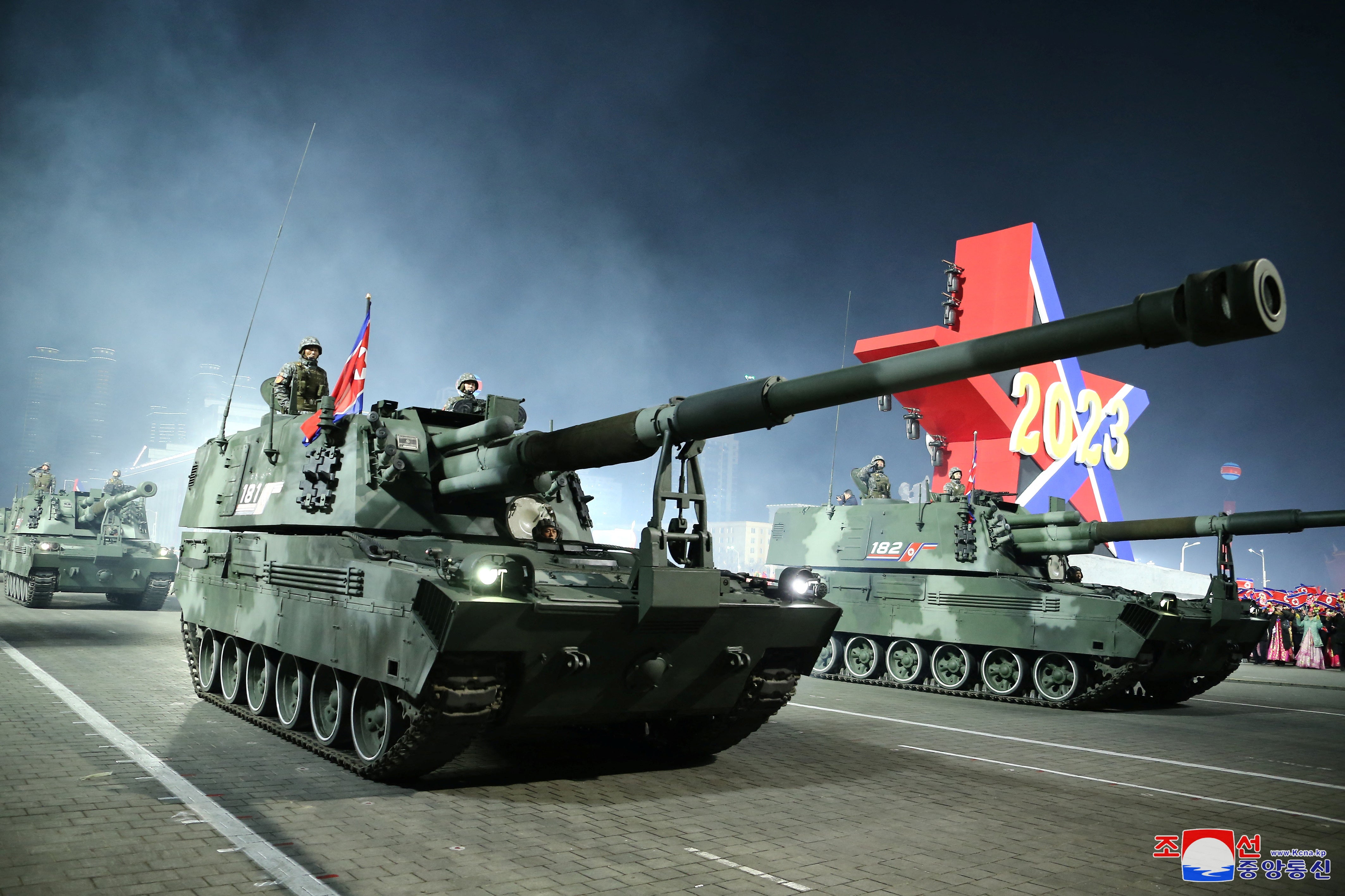 Armoured vehicles take part in a military parade to mark the 75th founding anniversary of North Korea’s army