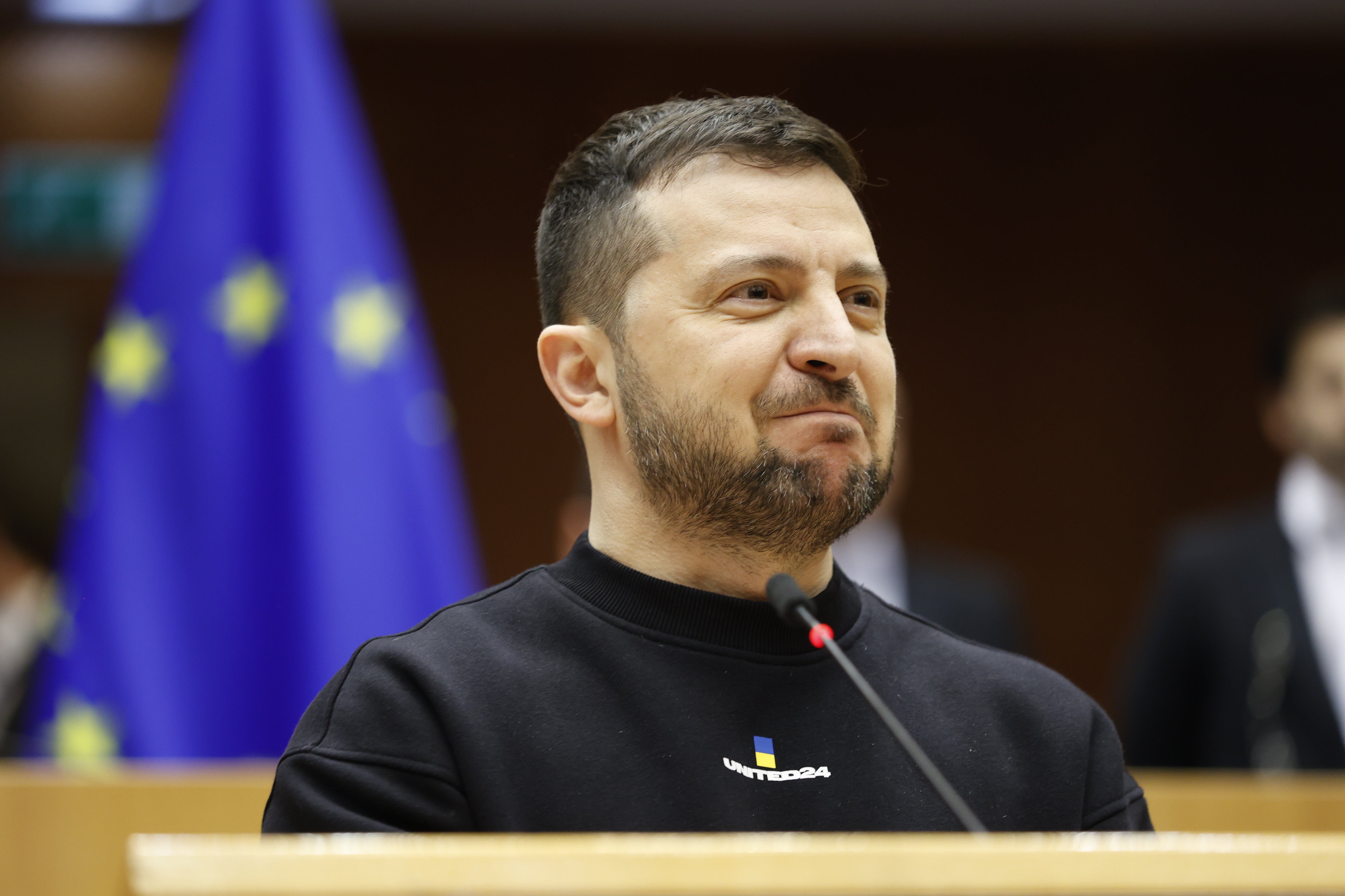 Ukraine's President Volodomyr Zelensky delivers an address to members of the European Parliament