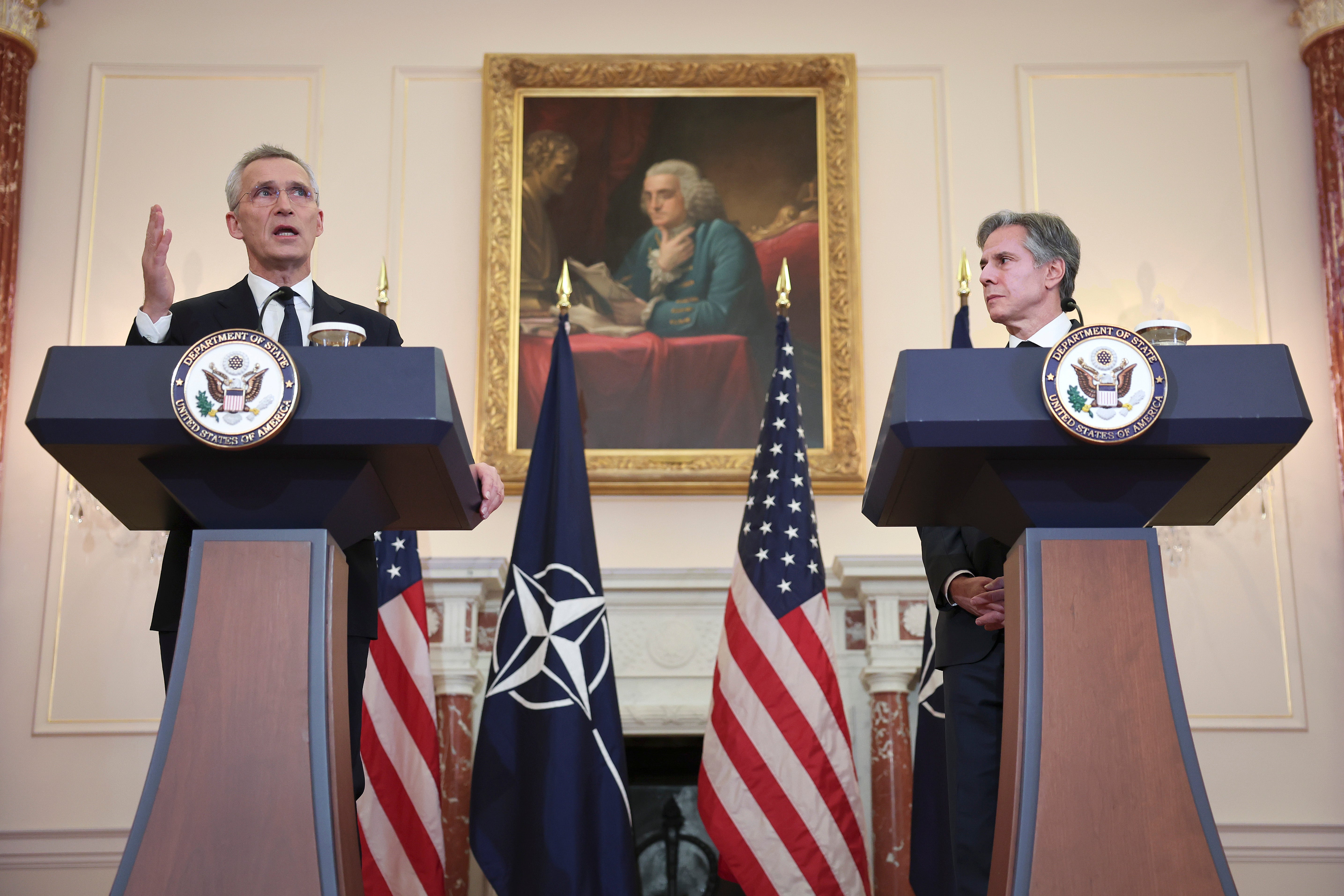 Nato secretary-general Jens Stoltenberg, left, and US Secretary of State Antony Blinken hold a joint press conference in Washington DC on 8 February.