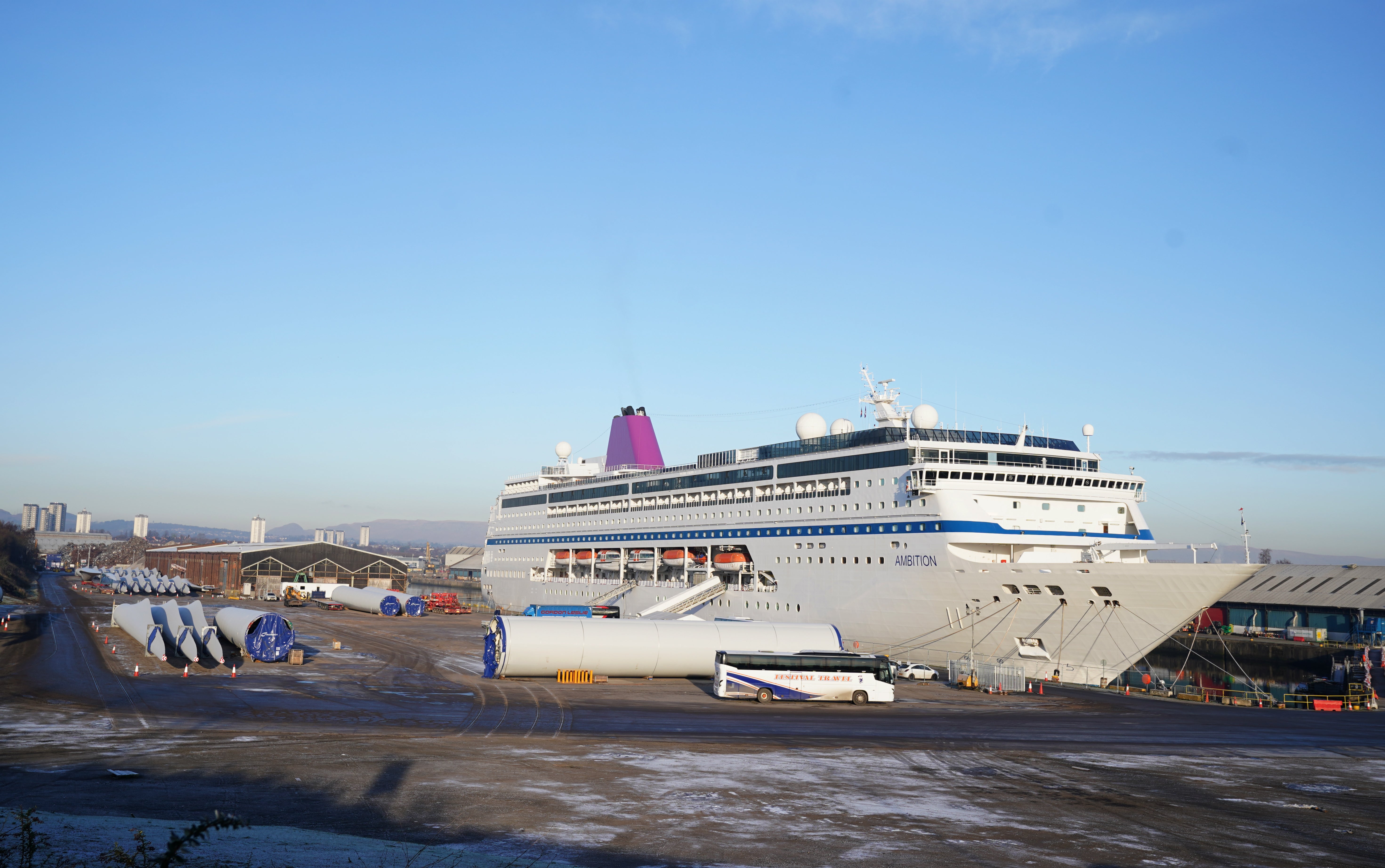 The ship Ambition docked in Glasgow, Scotland houses Ukrainian refugees who are waiting for permanent housing