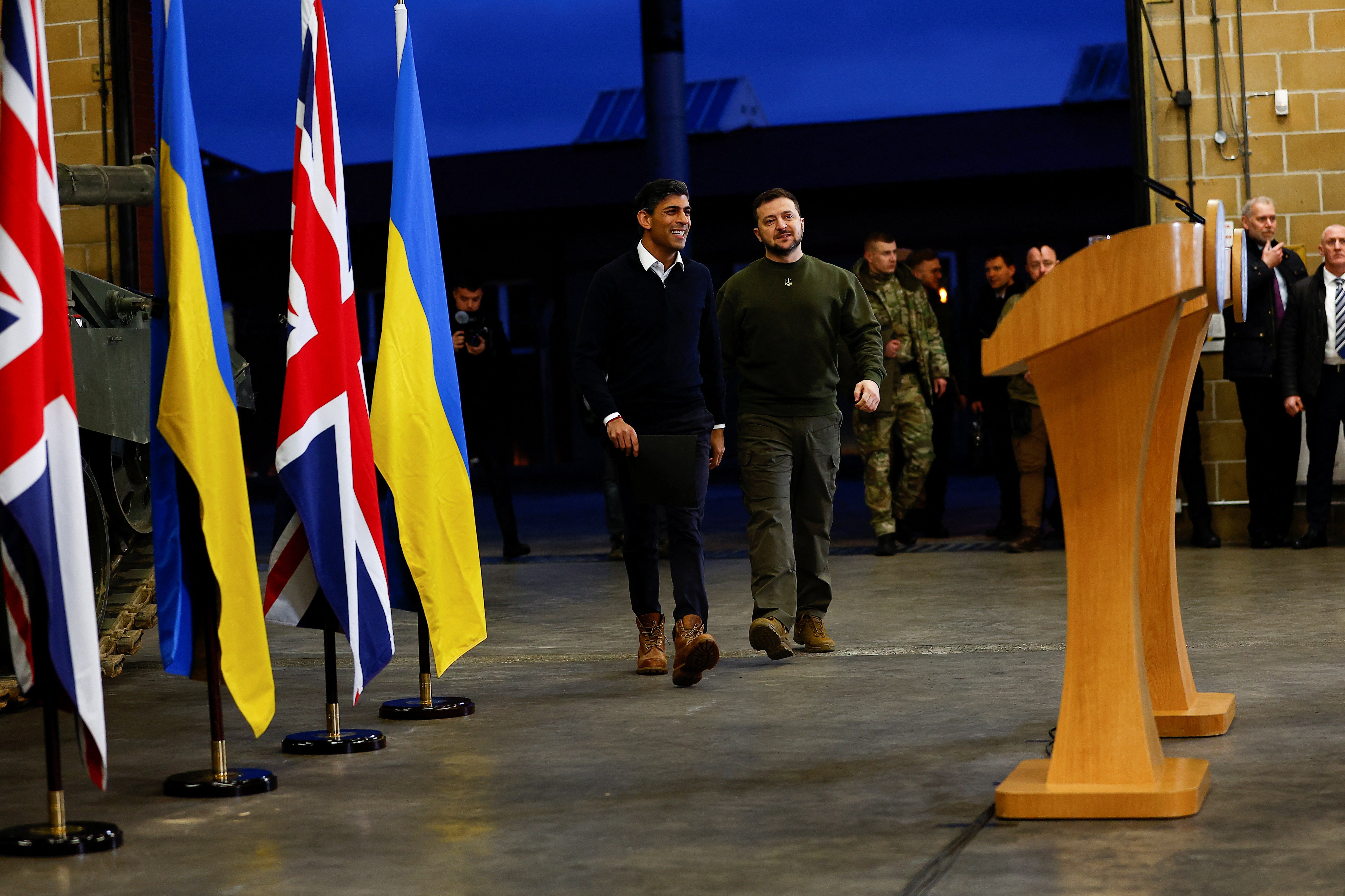 Prime Minister Rishi Sunak (left) and Ukrainian President Volodymyr Zelensky arrive for a press conference at an army camp, in Lulworth, Dorset, during his first visit to the UK since the Russian invasion of Ukraine.