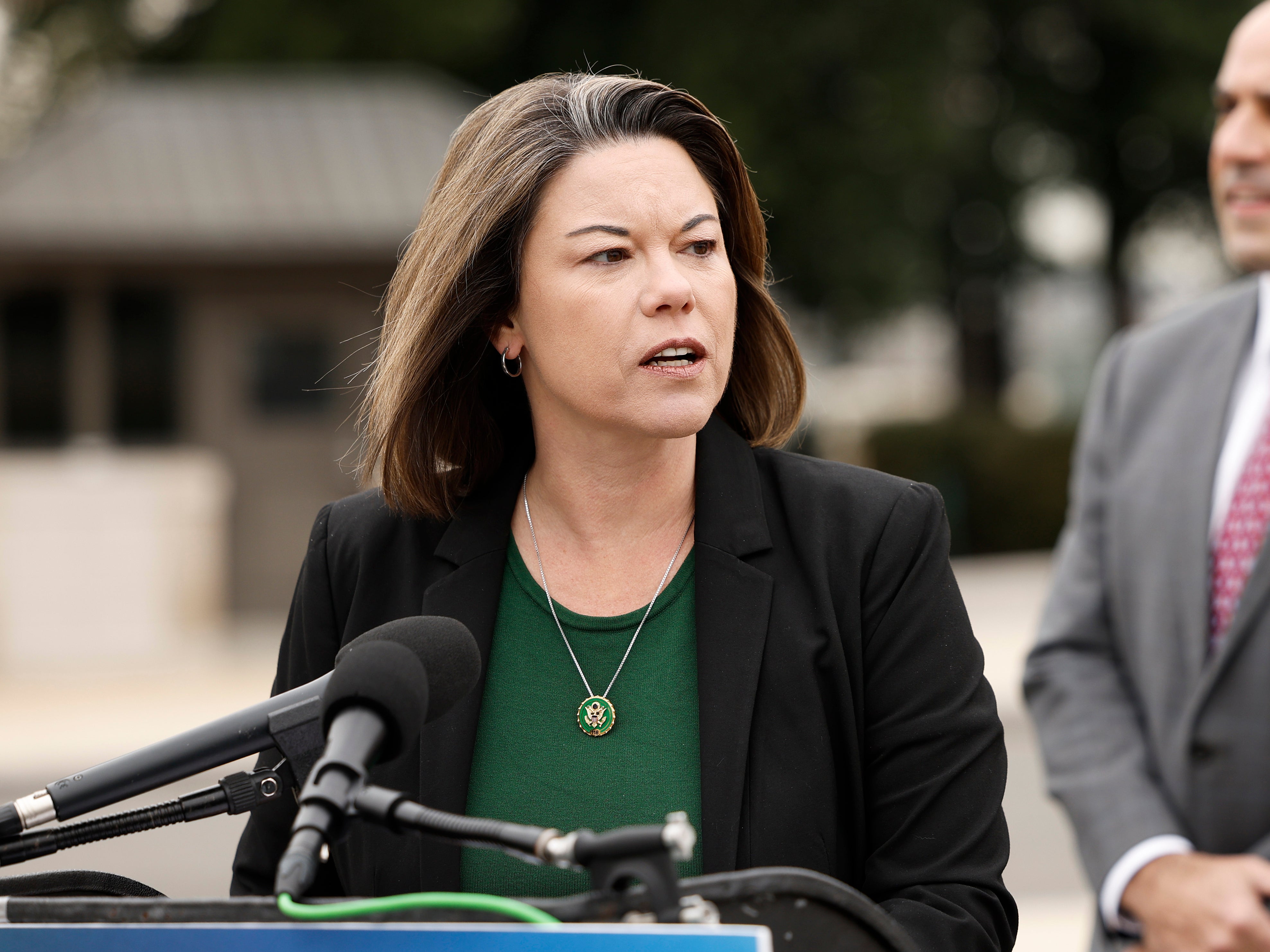 Rep. Angie Craig (D-MN) speaks at a press conference outside the U.S. Capitol Building on February 02, 2023 in Washington, DC