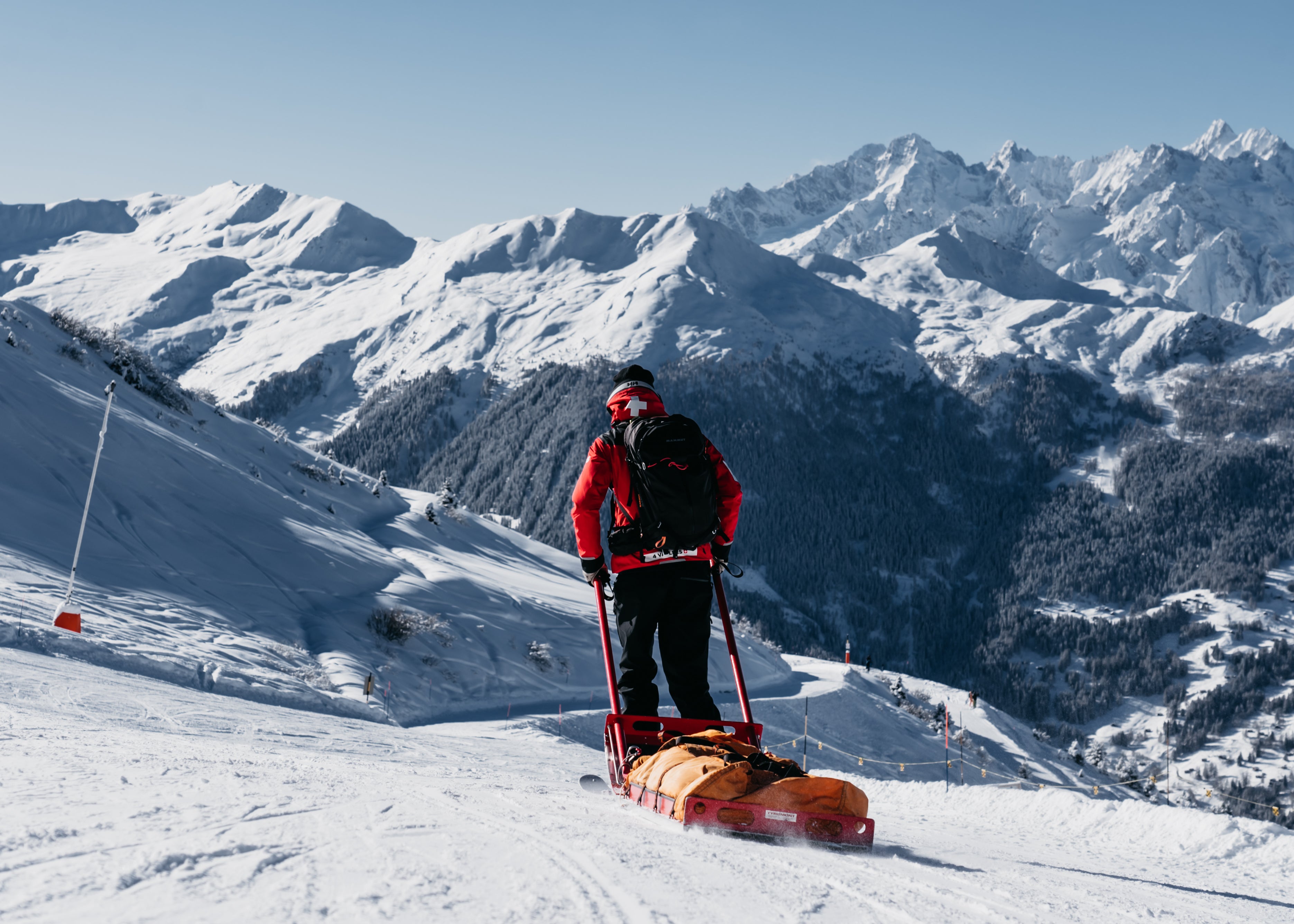 Ski patroller out with a ‘blood wagon’ sleigh used to rescue those injured on the mountain